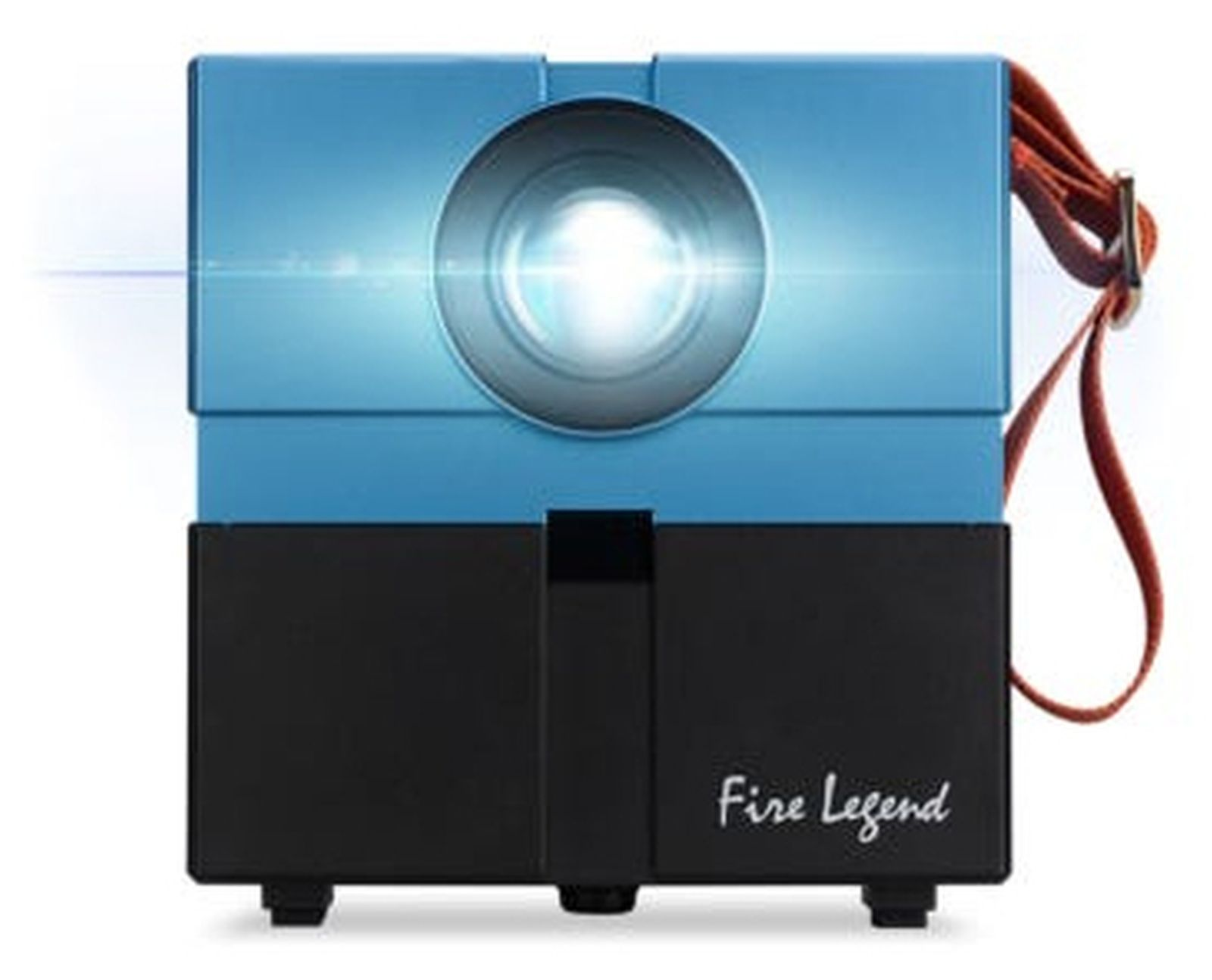 Ein blauer Projektor mit schwarzem Sockel, Lichtstrahl und rotem Trageriemen.