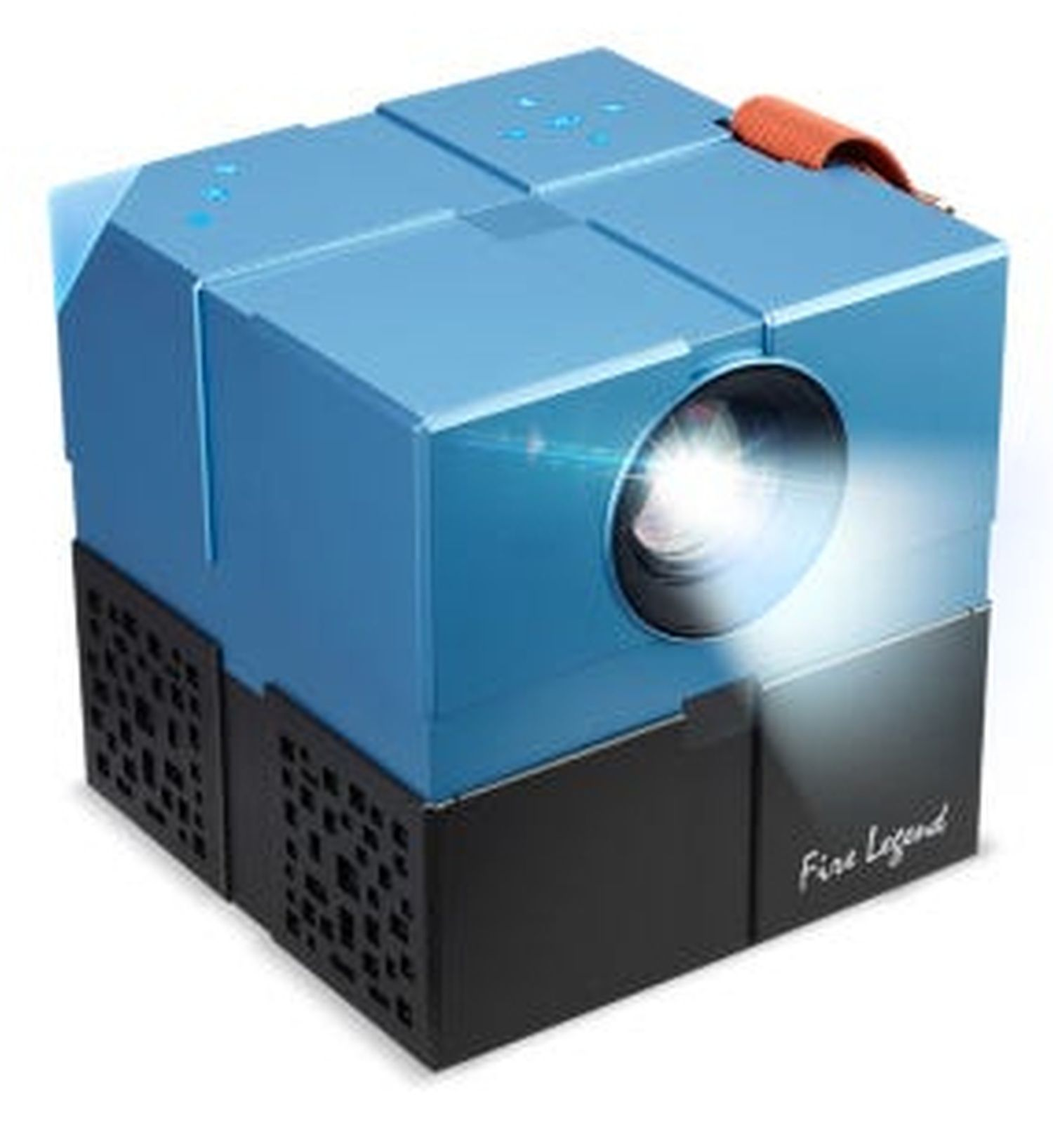 Ein blauer Würfelprojektor mit schwarzem Sockel und orangefarbenem Riemen.