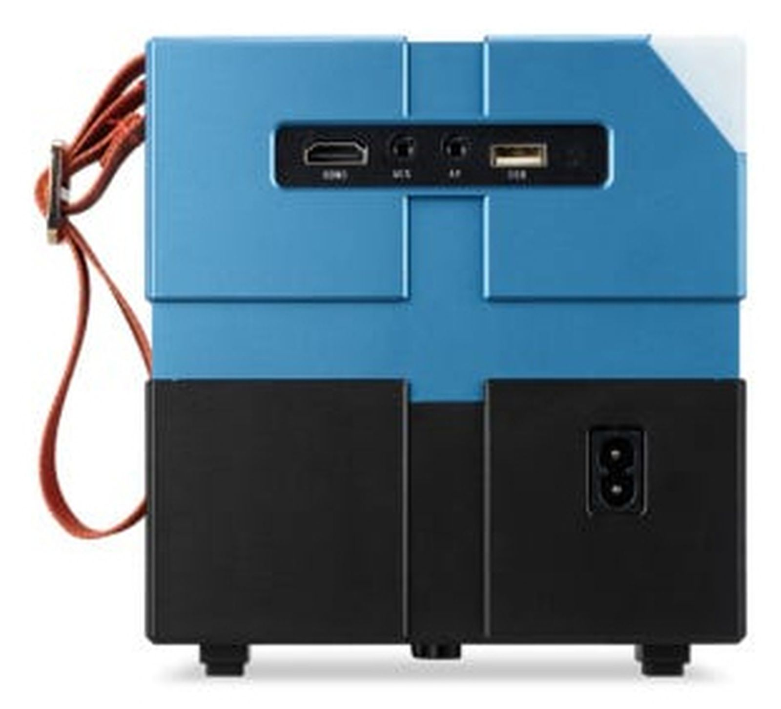 Ein blaues und schwarzes Gerät mit HDMI-, USB- und Audioanschlüssen.