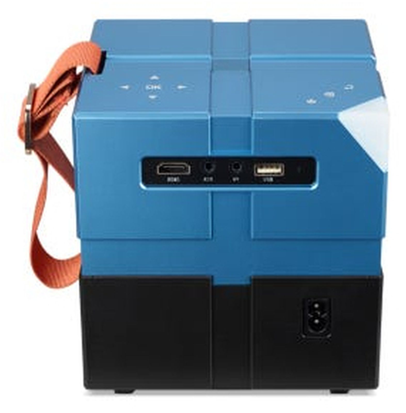 Ein blauer Würfelprojektor mit orangefarbenem Riemen, HDMI-, USB-Anschlüssen.