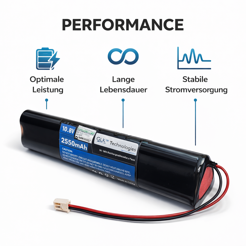 Ein schwarzer Ni-MH-Akku mit 10,8 V und 2550 mAh liegt auf weißem Grund.