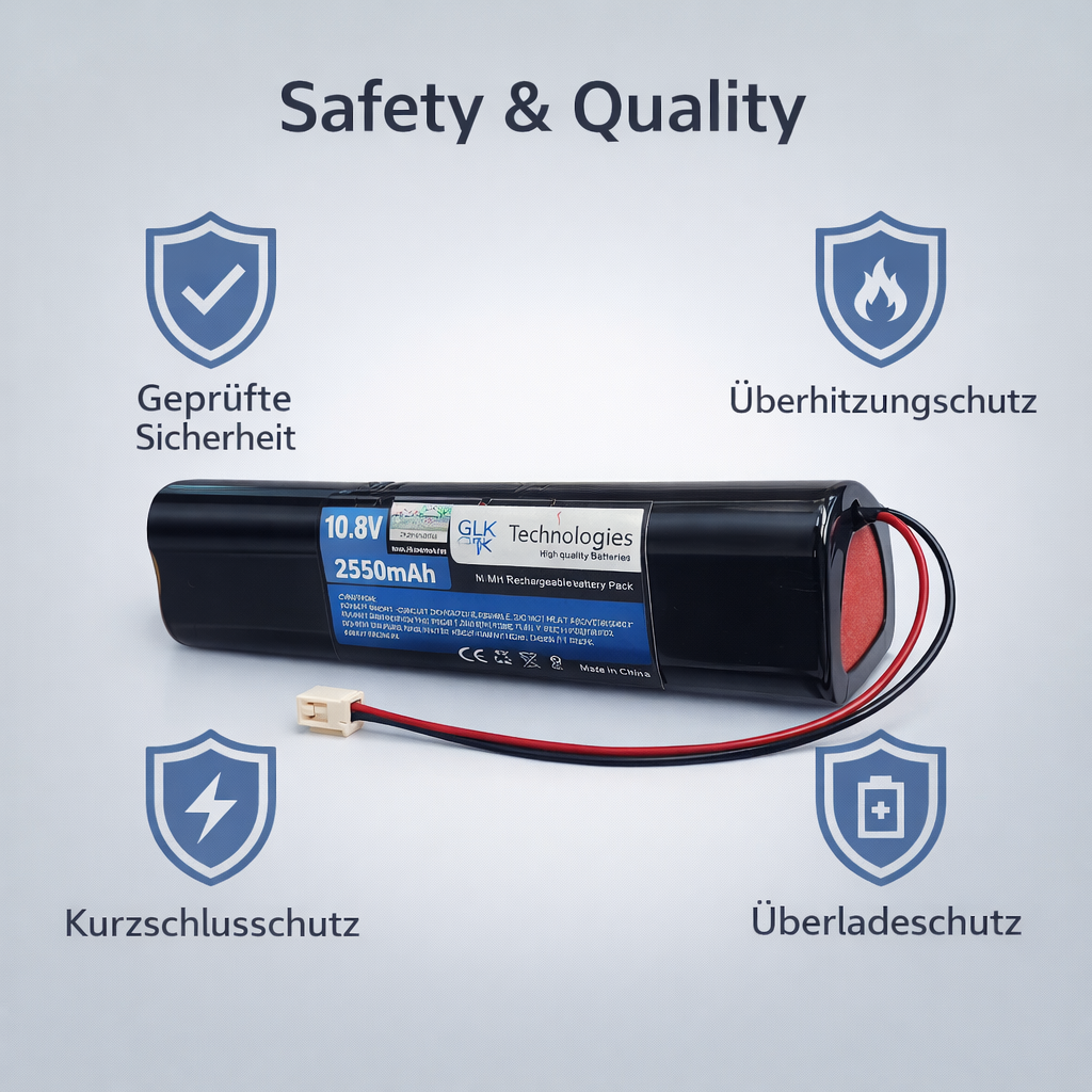 10.8V 2550mAh Akku mit Schutz-Symbolen: geprüfte Sicherheit, Überhitzungs-, Kurzschluss-, Überladeschutz.