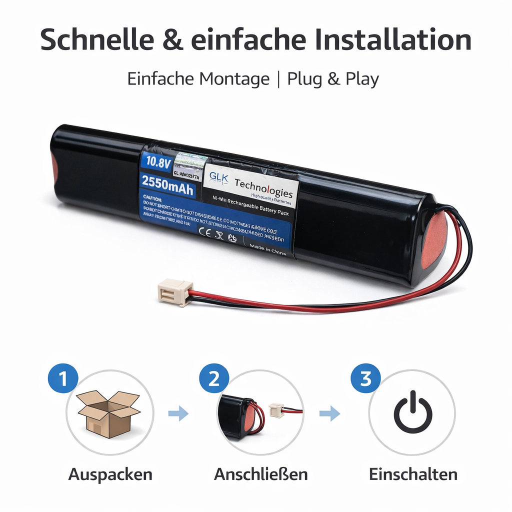 NiMH-Akku mit 2550mAh und Installationsanleitung mit 3 Schritten.