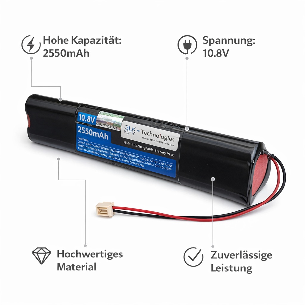 Ein schwarzer NiMH Akku mit 2550mAh Kapazität und 10.8V Spannung.