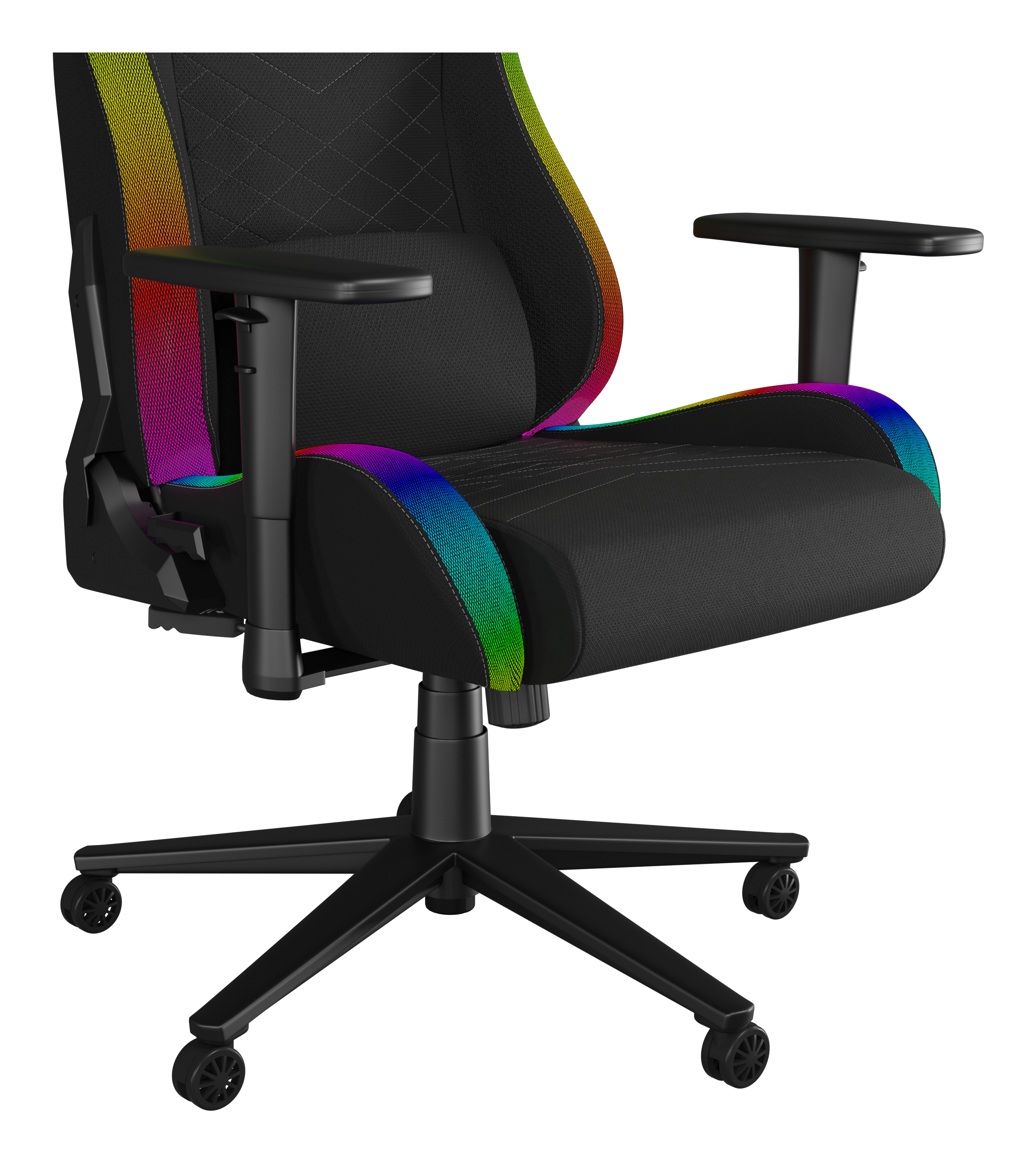 Zwarte gamestoel met regenboogaccenten en wielen.