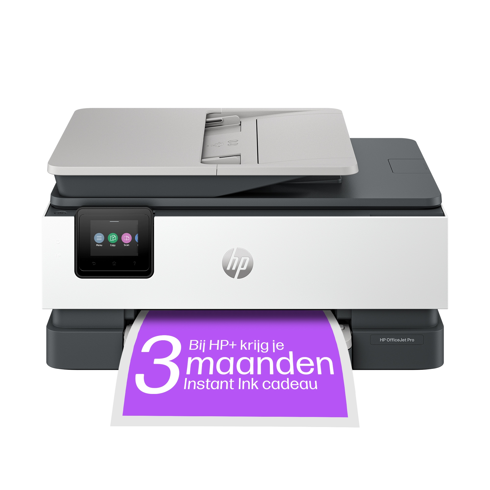 Una stampante HP OfficeJet Pro con touchscreen e un foglio stampato viola.