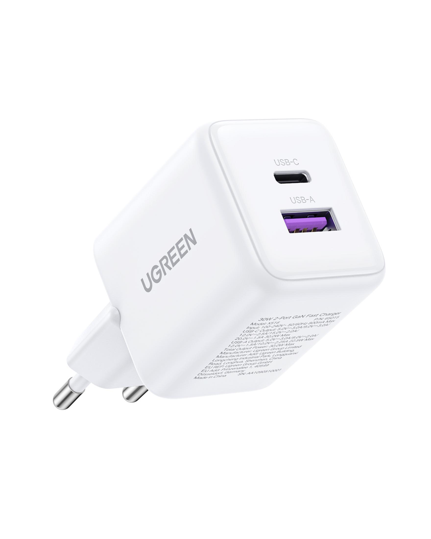 Biała ładowarka GaN 30W z portami USB-C i USB-A.