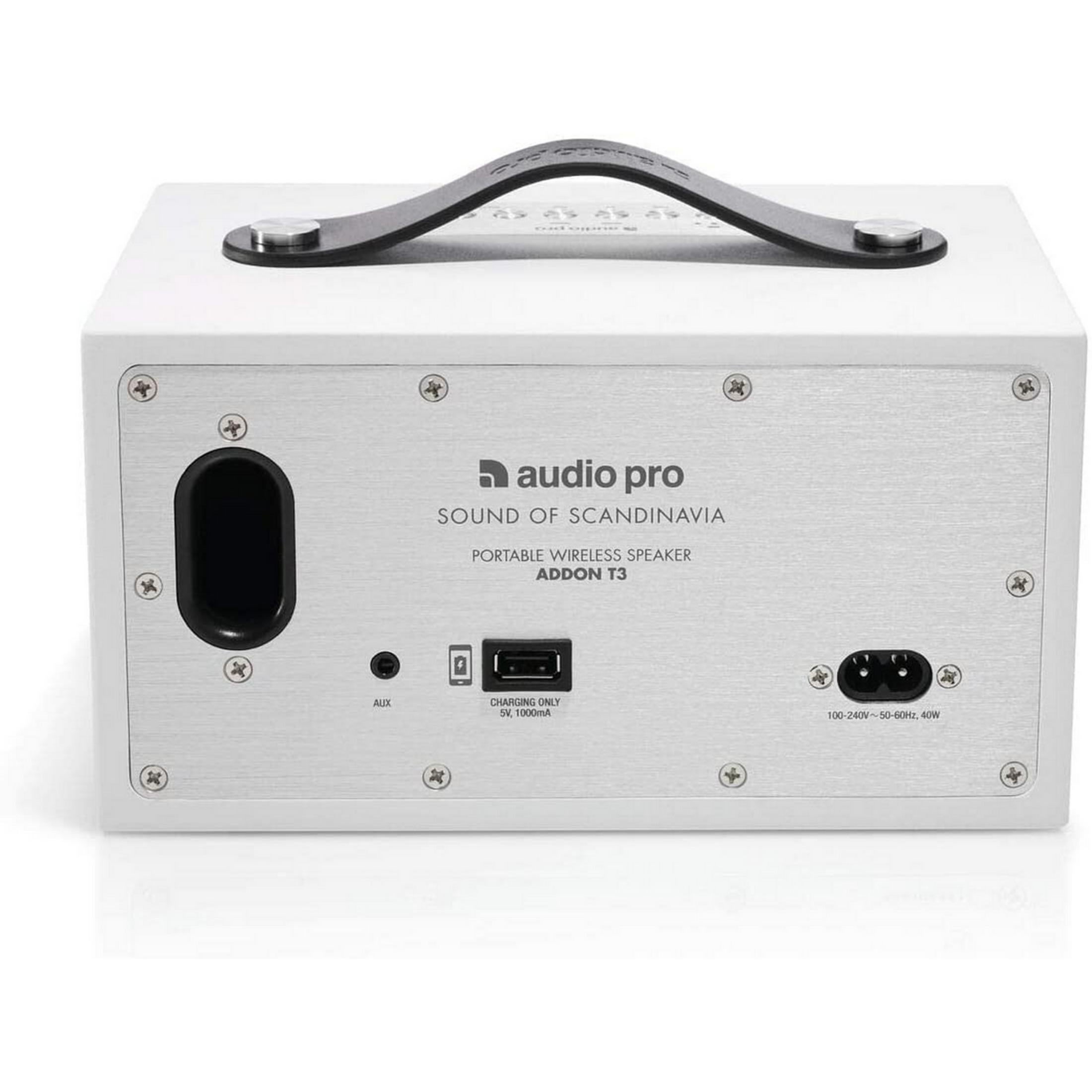 Altoparlante portatile bianco con manico in pelle. Porte: AUX, USB, alimentazione.
