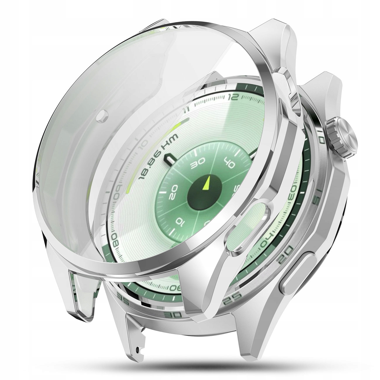 Srebrny smartwatch z zieloną tarczą i przezroczystą osłoną ochronną.