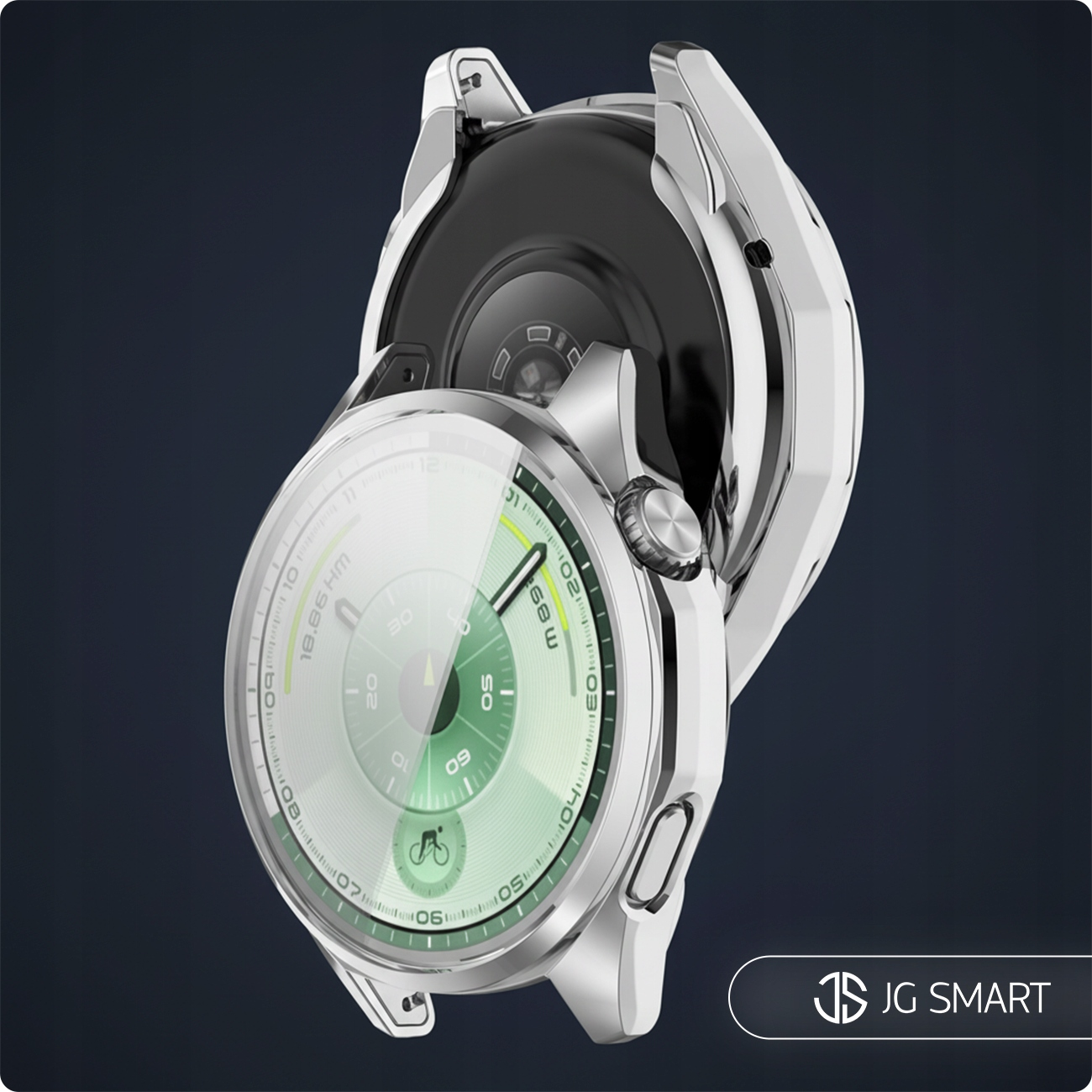 Błyszczący srebrny smartwatch z zieloną tarczą i ikoną roweru.