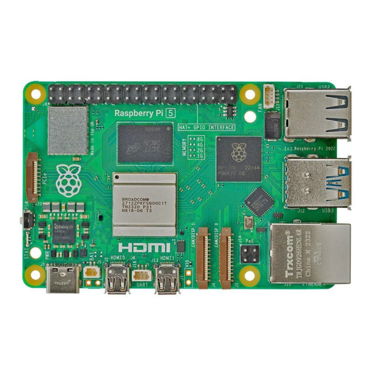 Grüne Raspberry Pi 5 Platine mit Anschlüssen wie USB, HDMI und Ethernet.