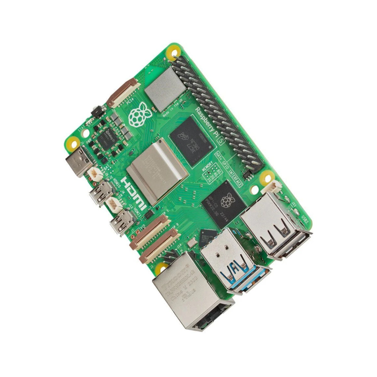 Grüne Raspberry Pi 5 Platine mit USB-, HDMI- und GPIO-Anschlüssen.