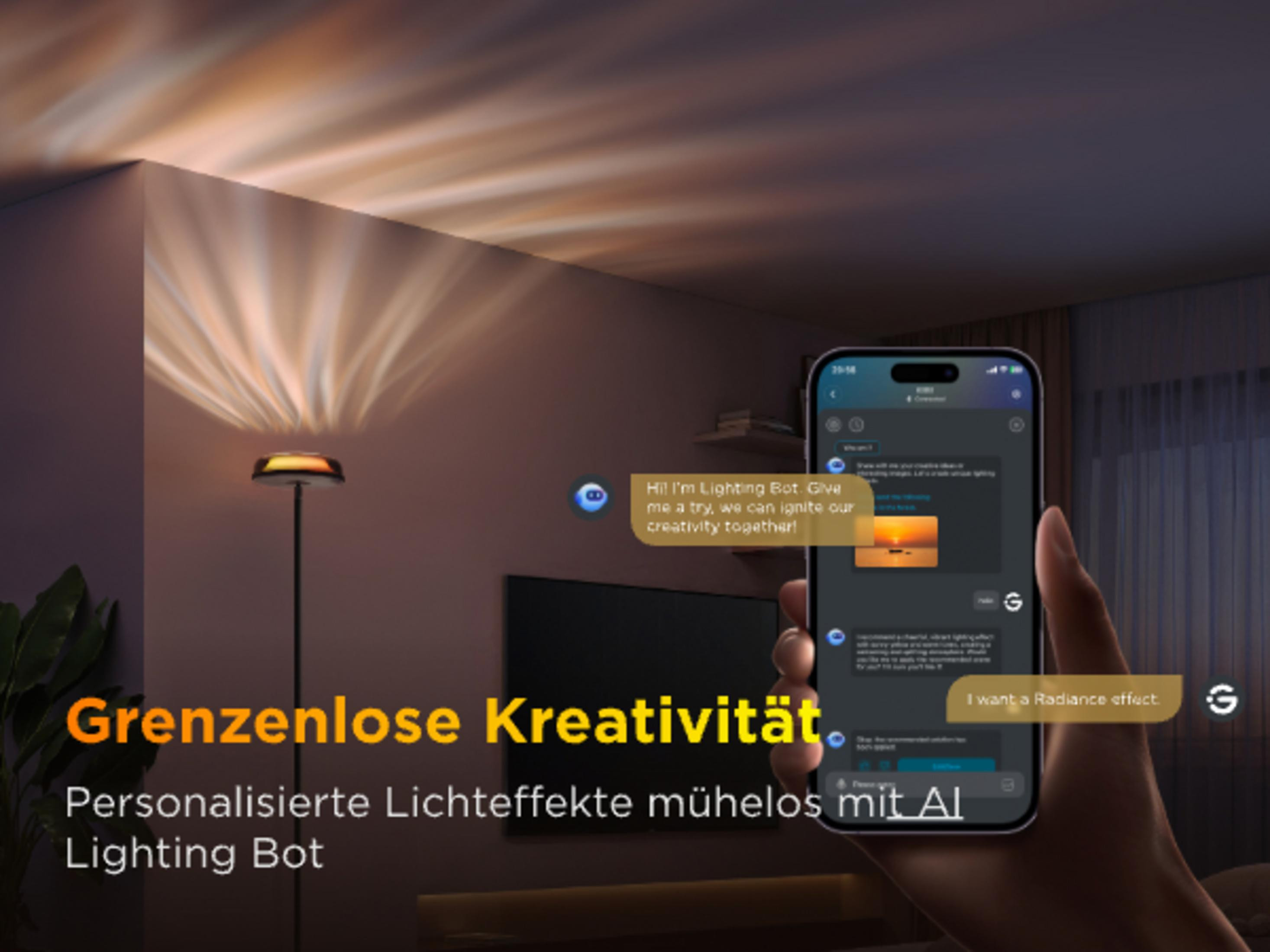Uno smartphone mostra un'app di chat che controlla effetti di illuminazione con un bot AI.
