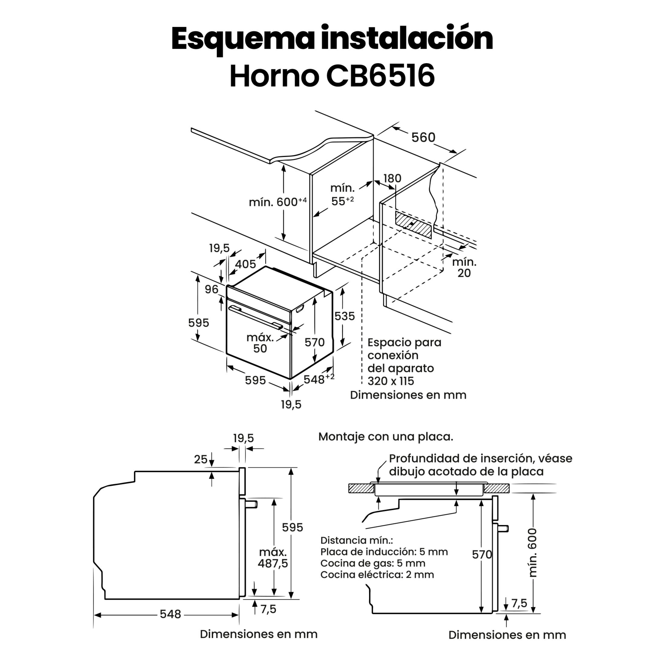 Esquema de instalación para horno CB6516 con dimensiones en mm.