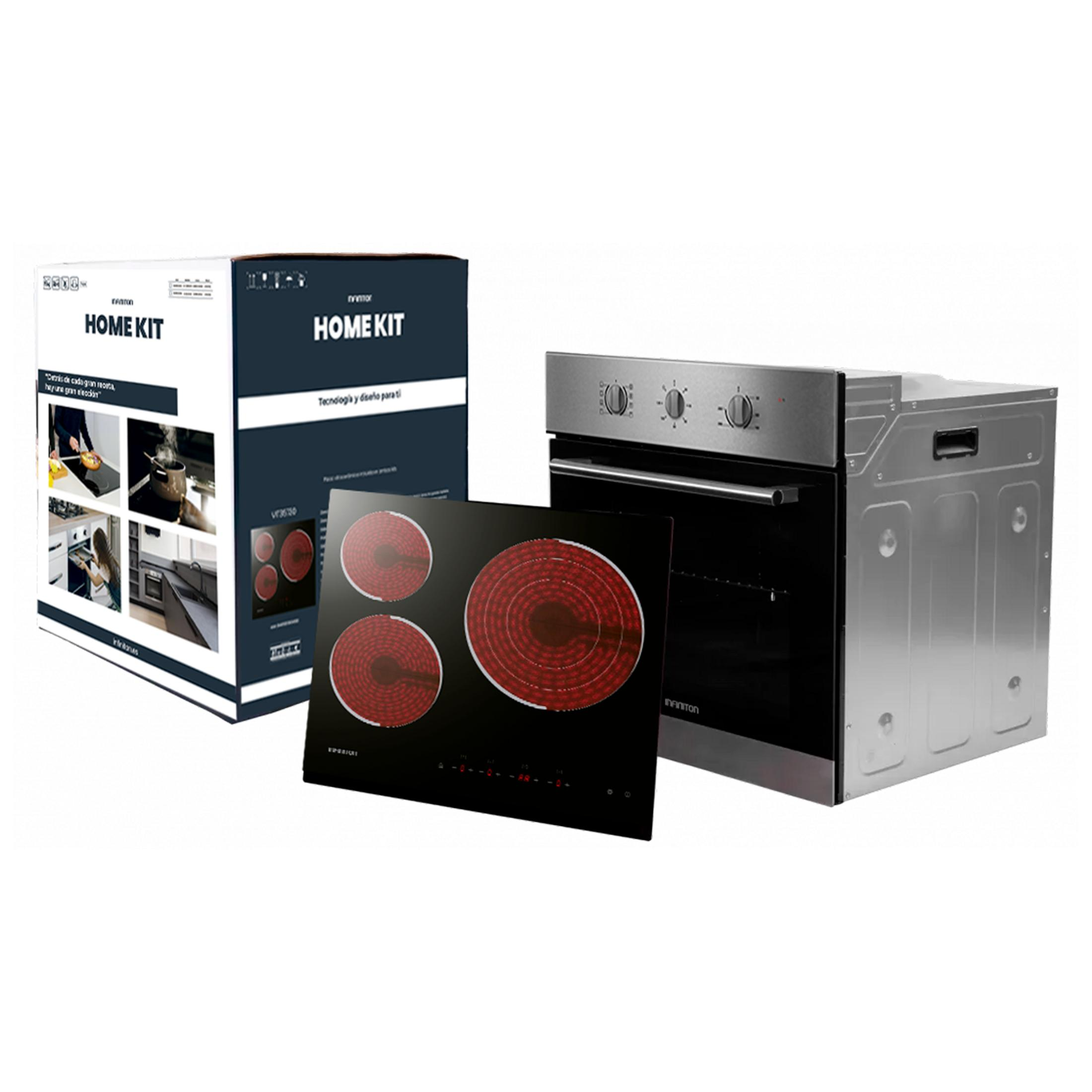 Se muestran una placa de cocina y un horno empotrado junto a una caja 'Home Kit'.
