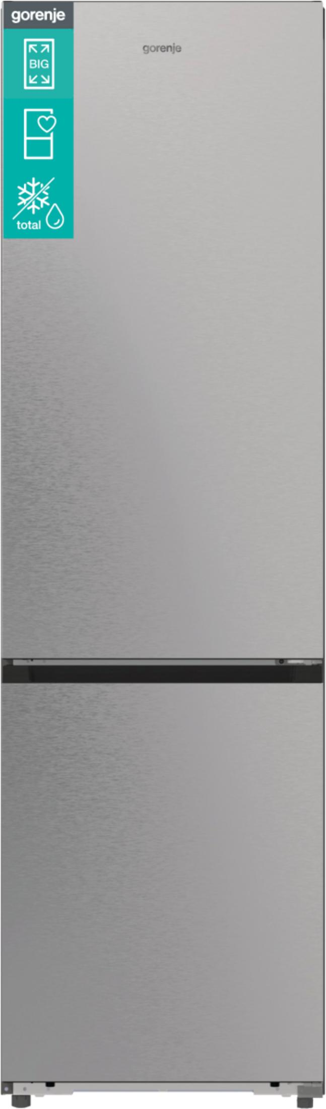 Ein silberner Gorenje-Kühlschrank mit Tür- und Schubladenöffnungsanzeigen.