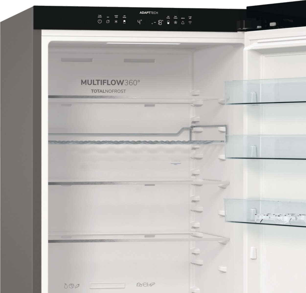 Ein leerer Kühlschrank mit Glasregalen und Bedienfeld.