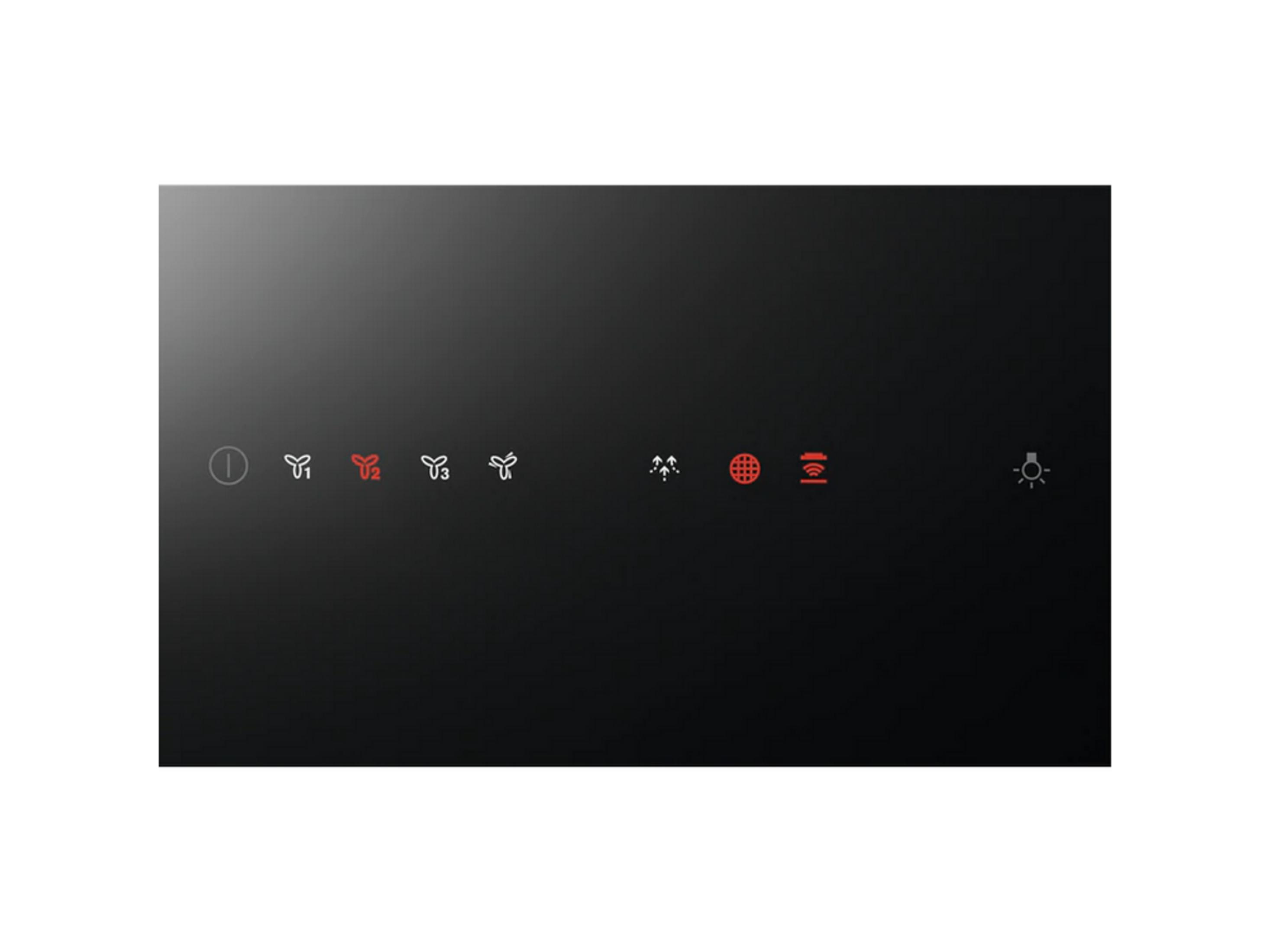 Un panel de control negro con iconos blancos y rojos para ventilador, WiFi y luz.