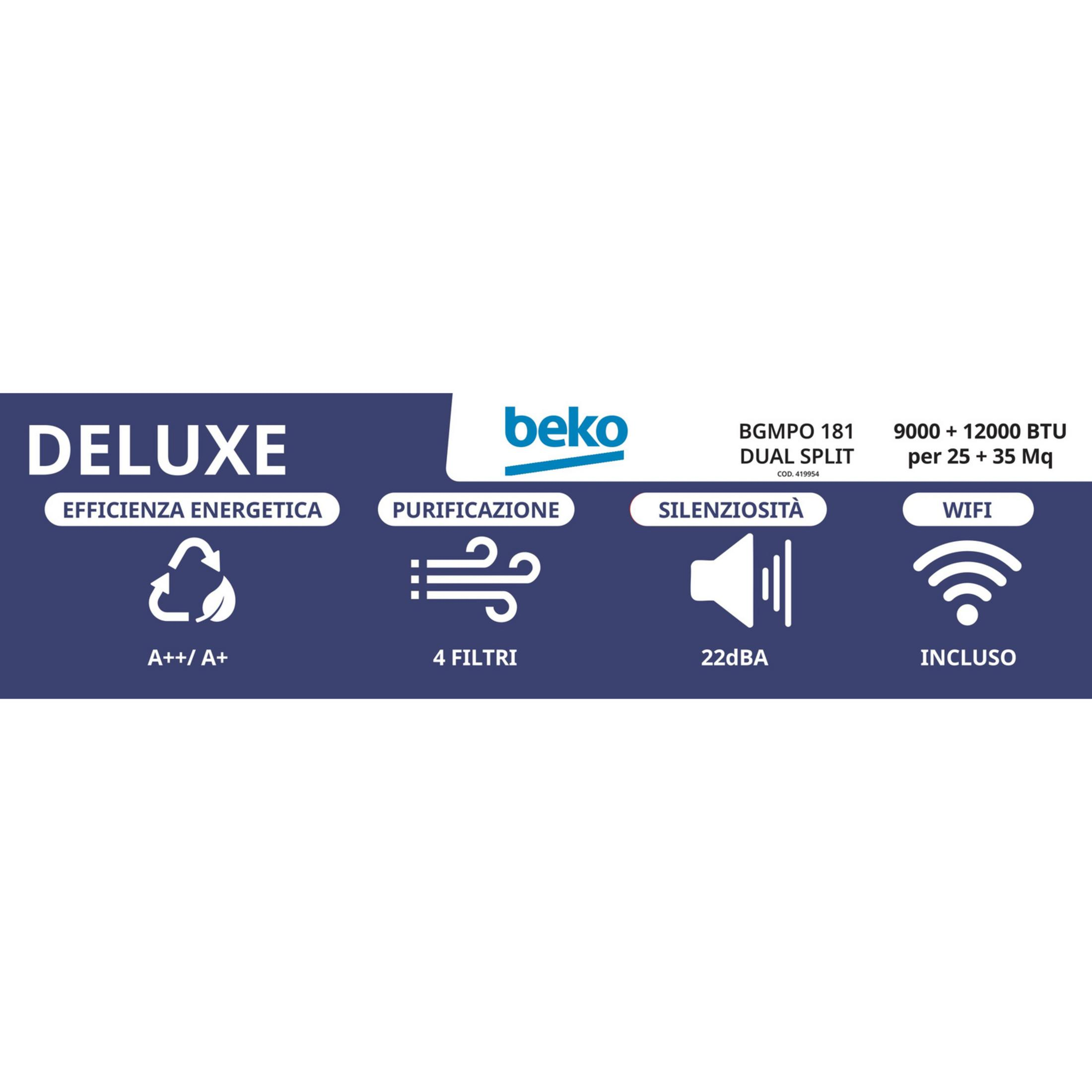 Condizionatore Beko Deluxe: Efficienza energetica A++/A+, 4 filtri, 22dBA, WiFi.