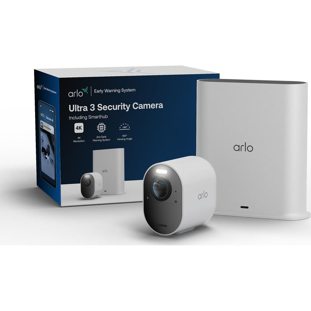 Arlo Ultra 3 Sicherheitskamera-Kit mit Smarthub. Enthält Kamera, Smarthub und Karton.