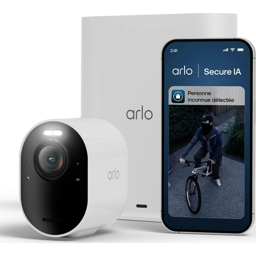 Arlo-Kamera und -Basisstation neben einem Smartphone mit Benachrichtigung.