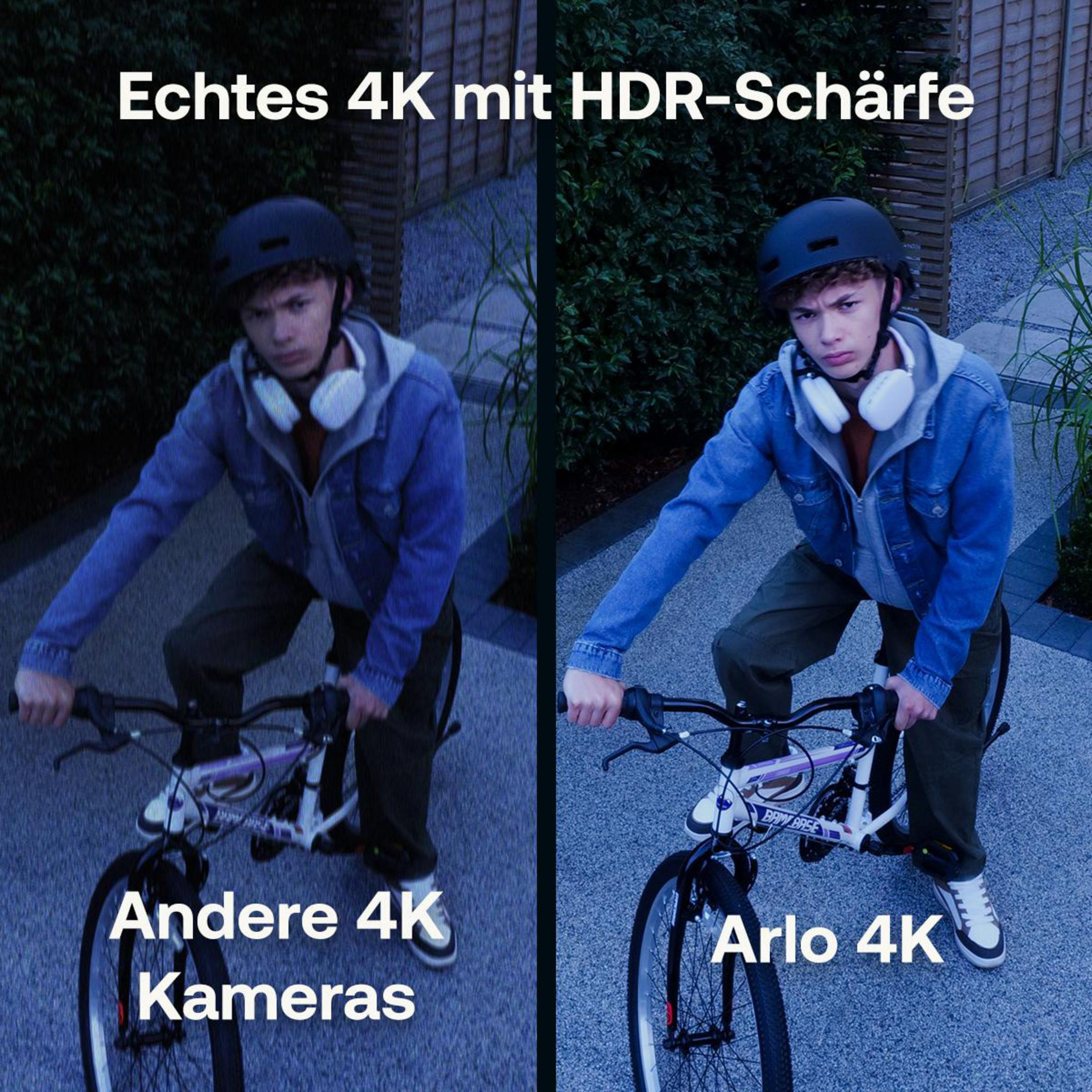 Junge auf einem Fahrrad, Vergleich von 4K-Kamerabildern mit und ohne HDR.