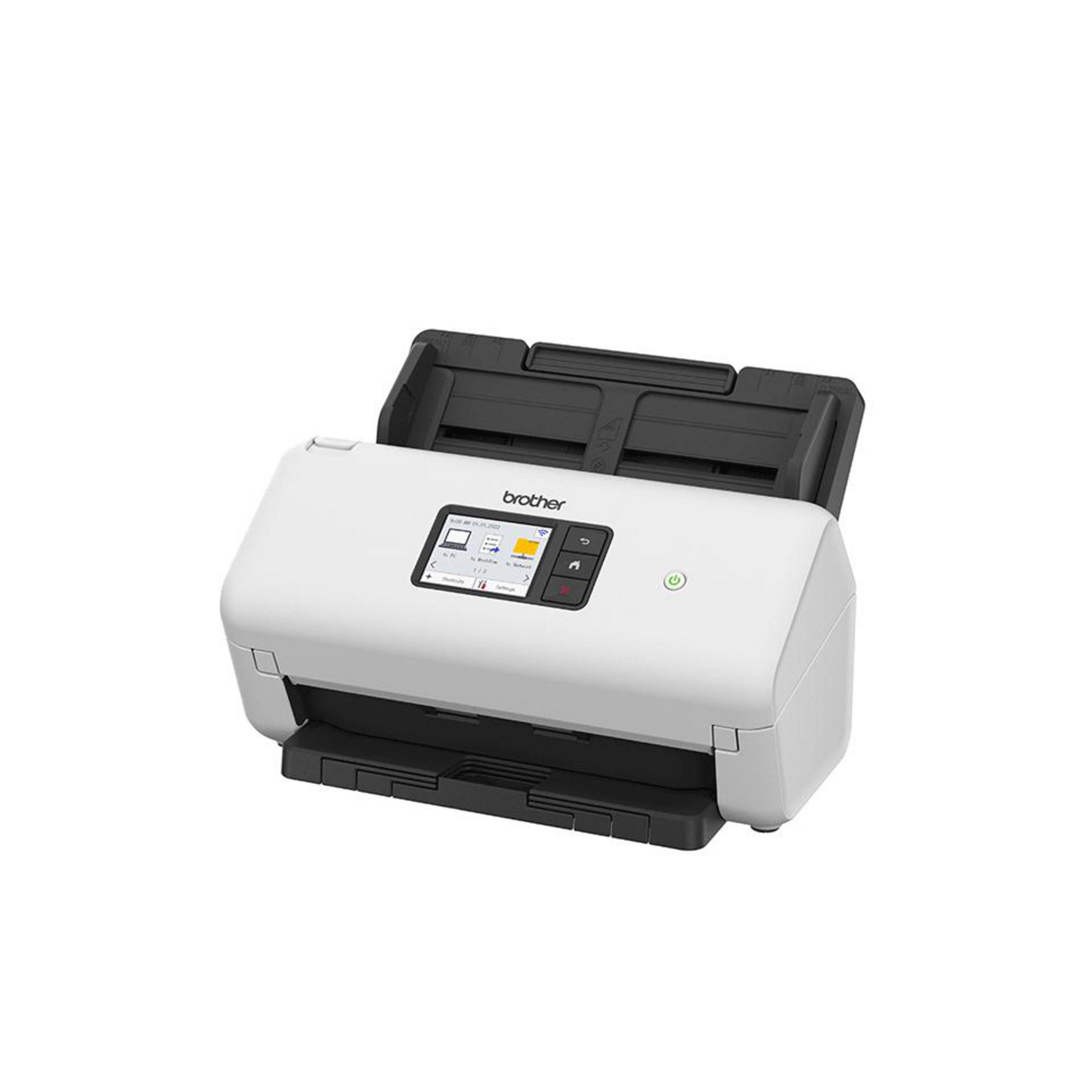 Ein weißer Brother-Scanner mit schwarzem Einzug und einem Touchscreen-Display.
