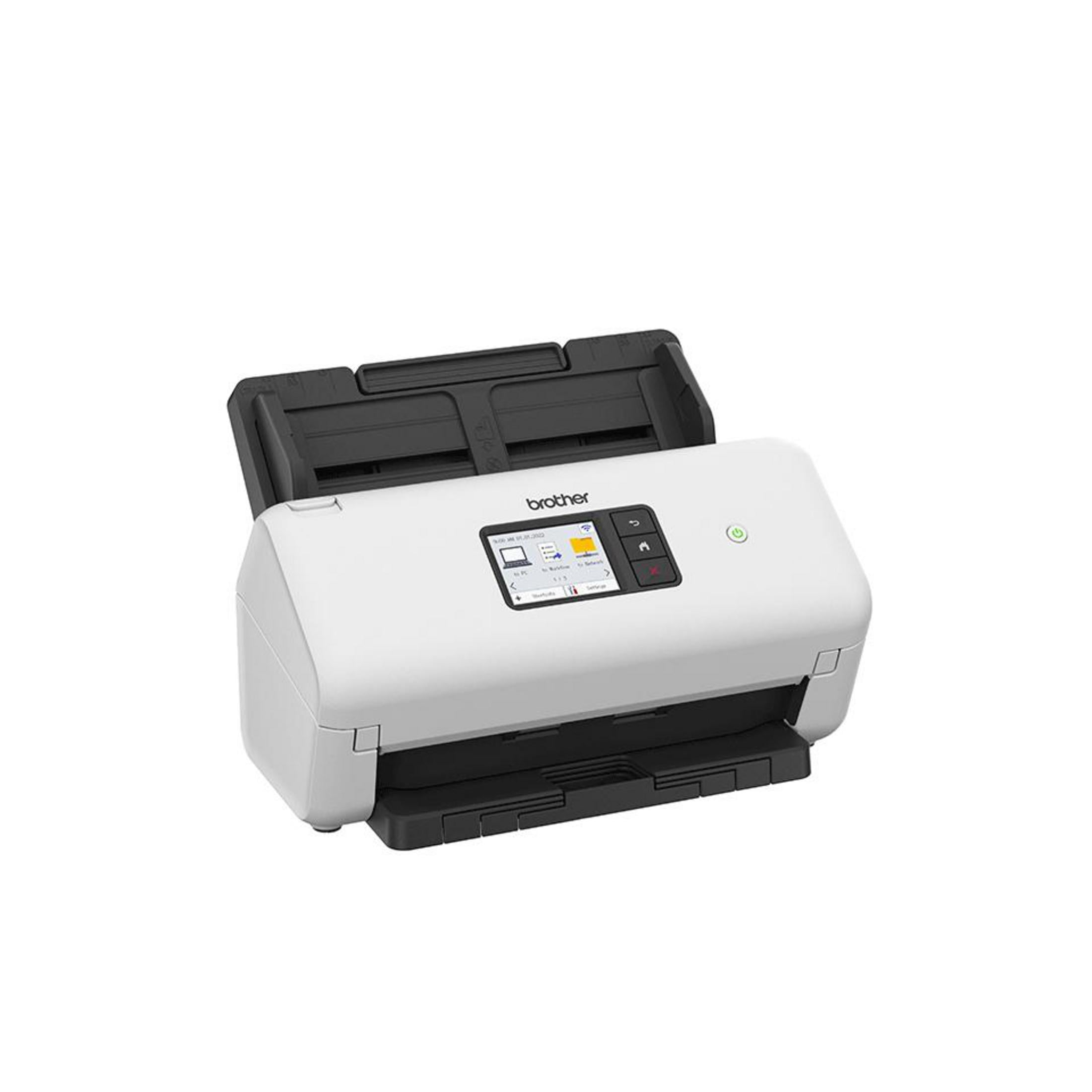Ein weißer Brother-Scanner mit geöffnetem Deckel und einem kleinen Bildschirm.