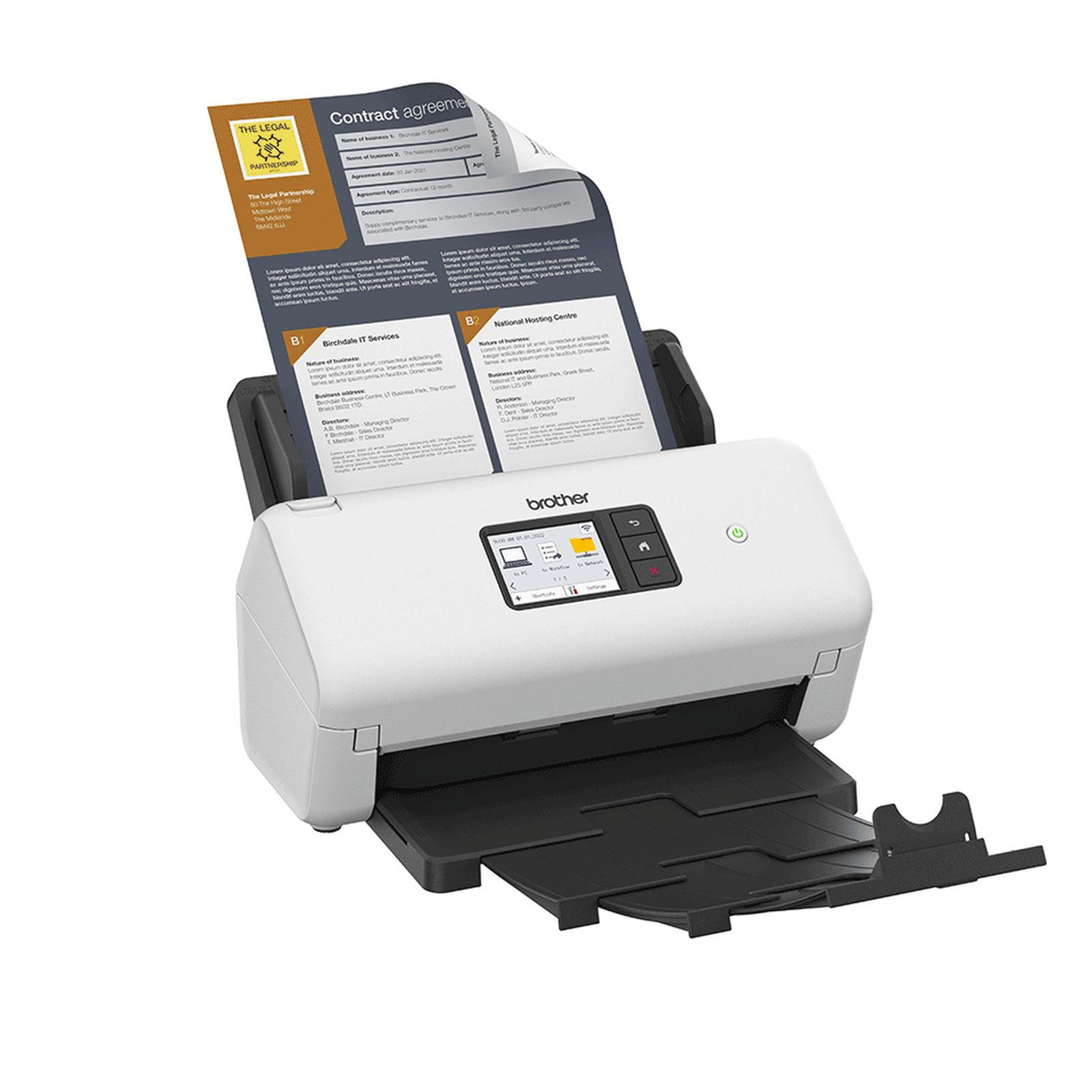 Ein weißer Brother-Scanner mit eingelegtem Dokument und kleinem Bildschirm.