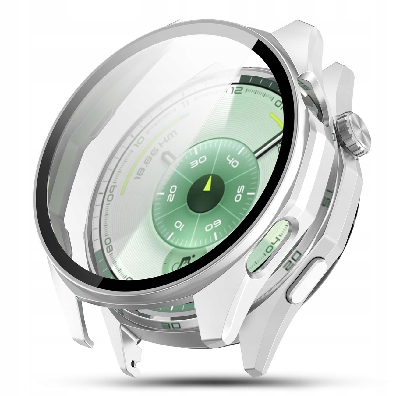 Biały smartwatch z zieloną tarczą i etui ochronnym.