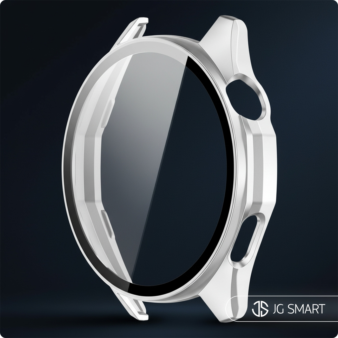 Srebrne etui ochronne do smartwatcha z przezroczystym ekranem.