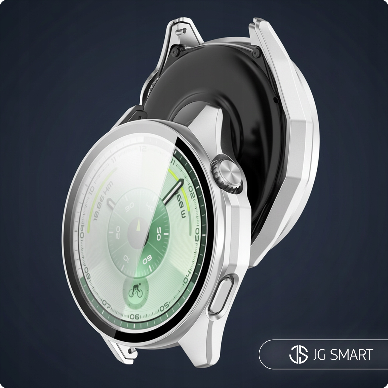 Srebrny smartwatch z zieloną tarczą i ikoną rowerzysty.