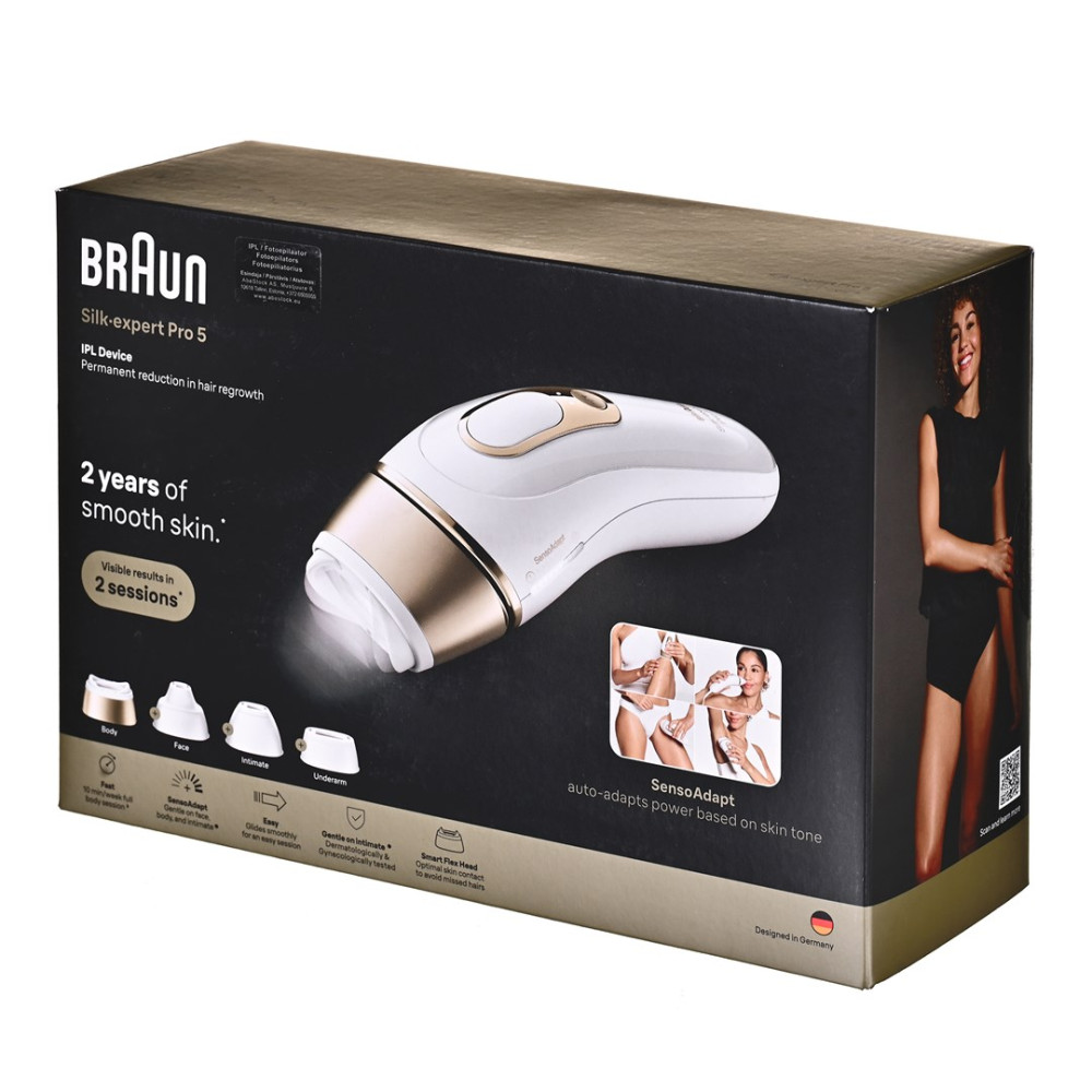 Opakowanie urządzenia IPL Braun Silk-expert Pro 5 z urządzeniem IPL i informacjami o produkcie.