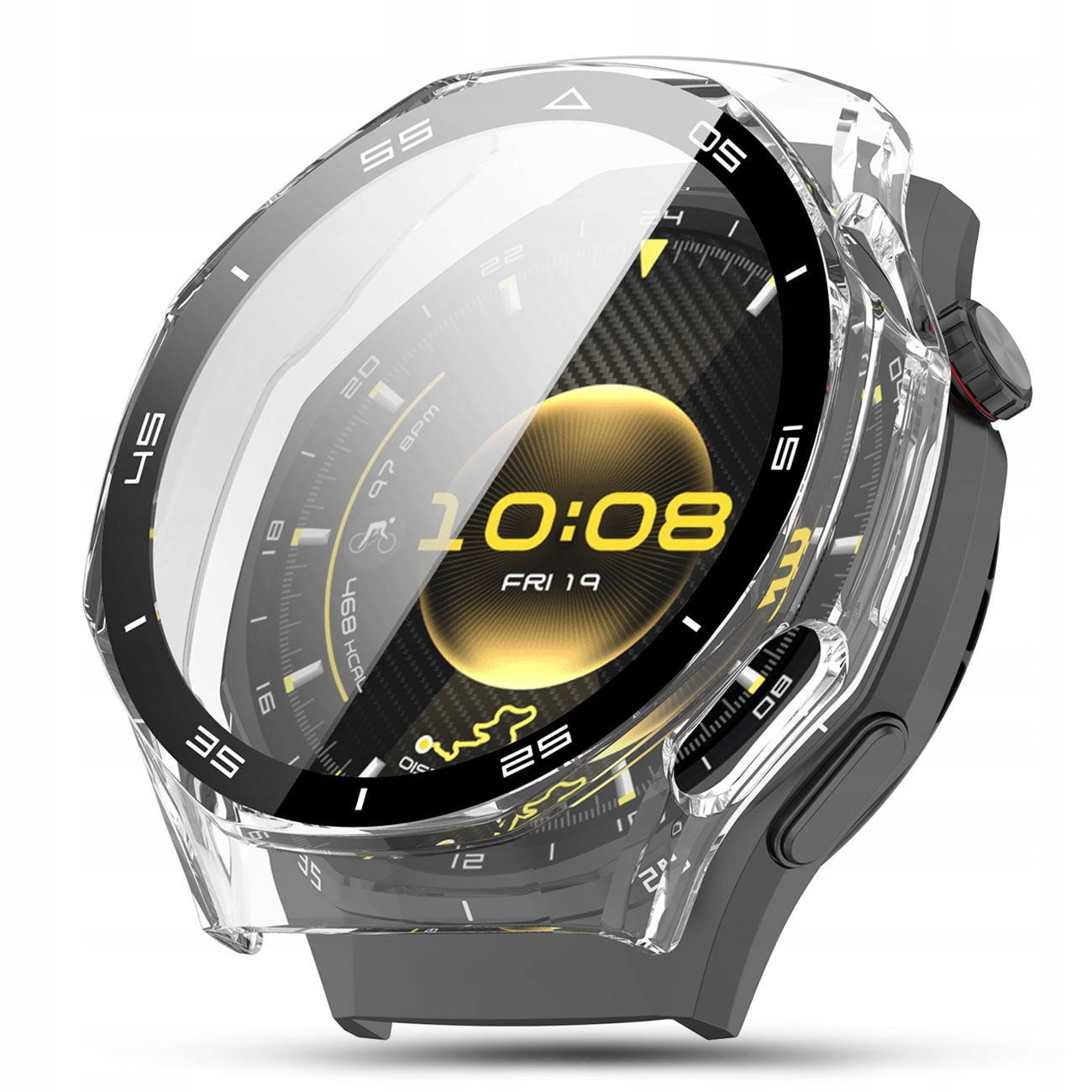 Szary smartwatch z przezroczystą osłoną, pokazuje 10:08.