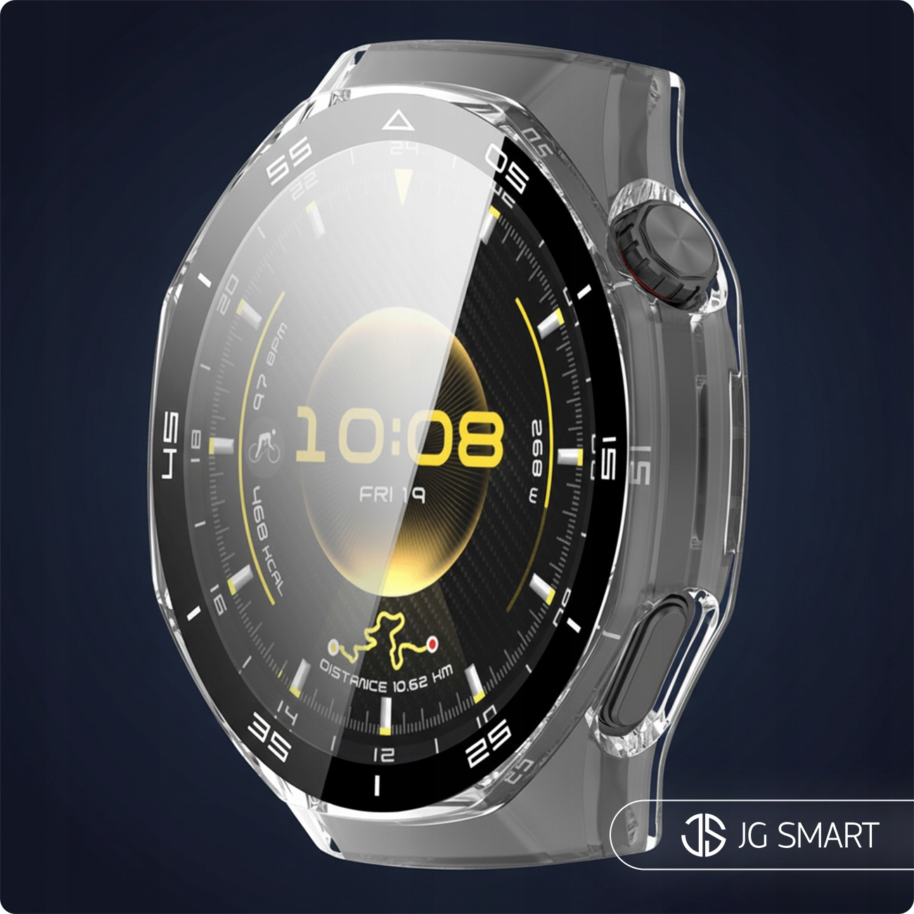 Przezroczysty smartwatch wyświetlający czas, datę, tętno i dystans.