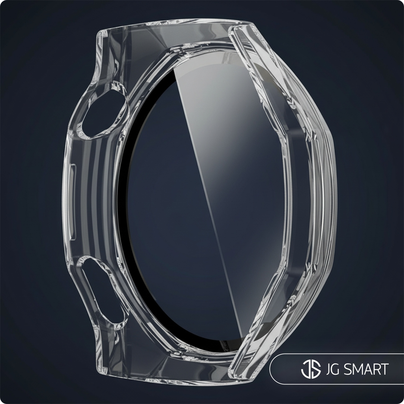 Przezroczyste etui ochronne na okrągły wyświetlacz smartwatch na ciemnym tle.