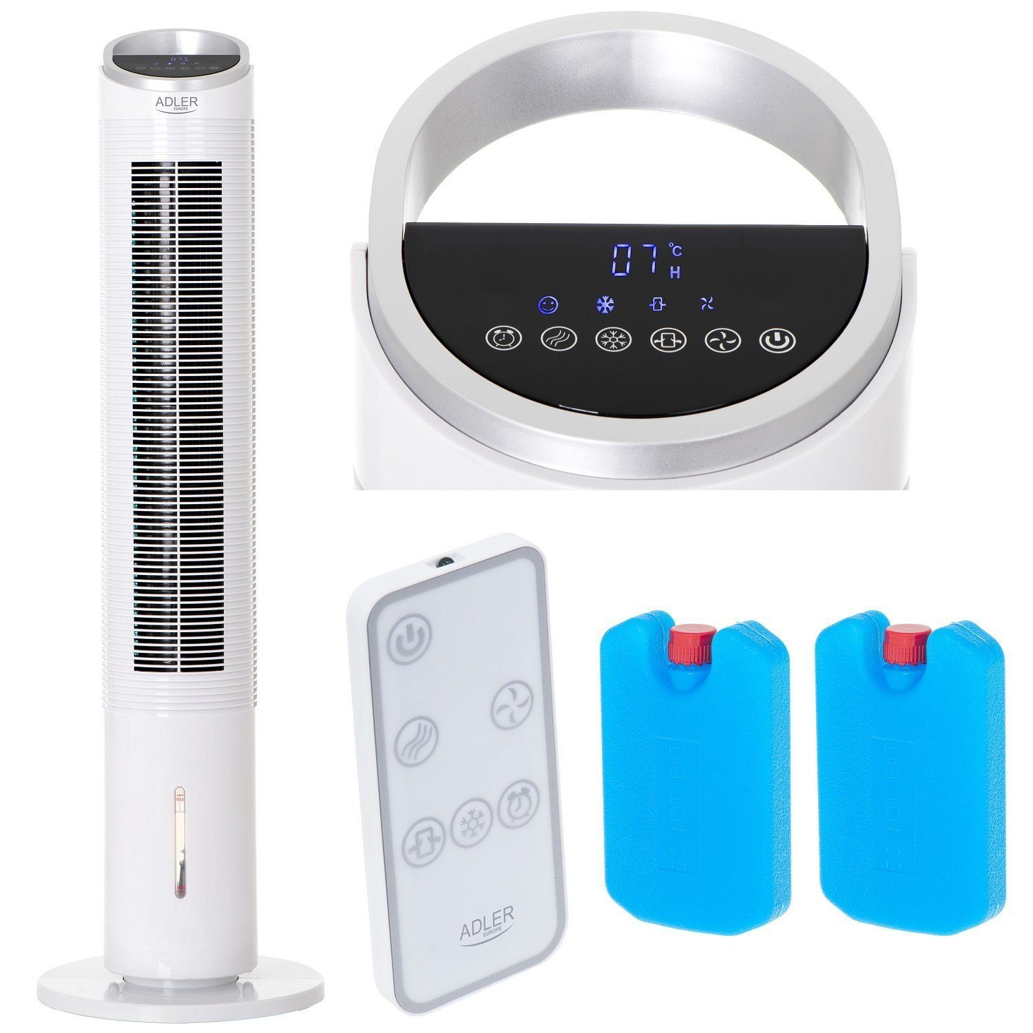 Ein weißer Turmventilator, Fernbedienung und zwei blaue Kühlakkus.
