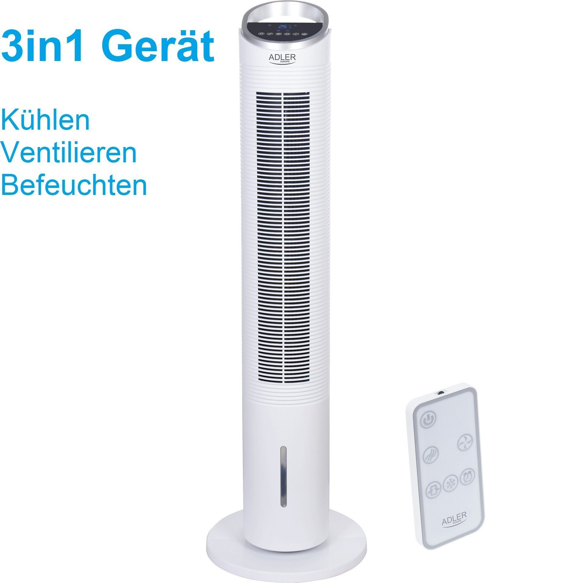Ein weißer Turmventilator mit Fernbedienung und deutschen Texten: 3in1 Gerät, Kühlen, Ventilieren, Befeuchten.