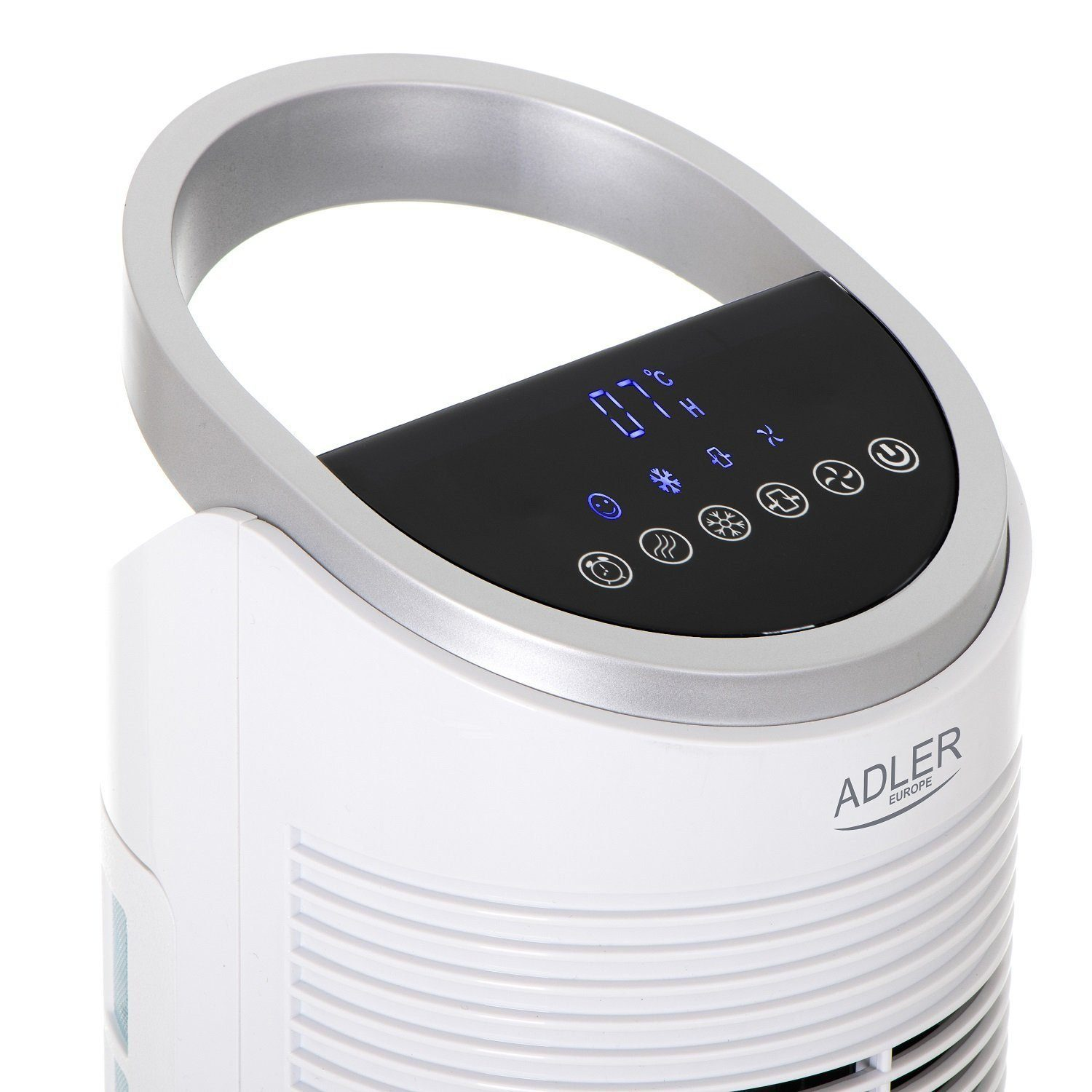 Ein weißer Turmventilator mit digitaler Anzeige und Bedienelementen.