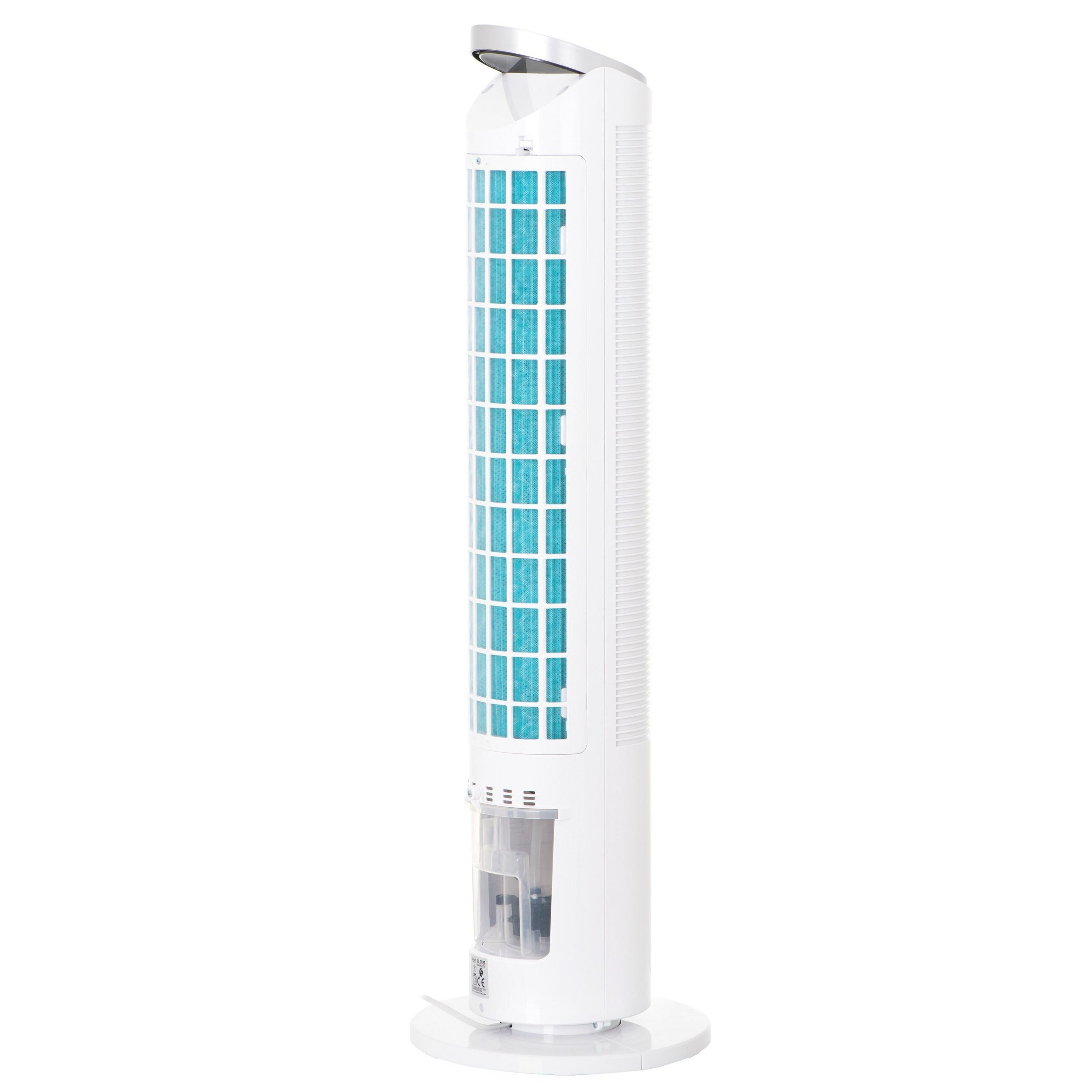 Ein weißer Turmventilator mit blauen Filterelementen und einem sichtbaren Wassertank.