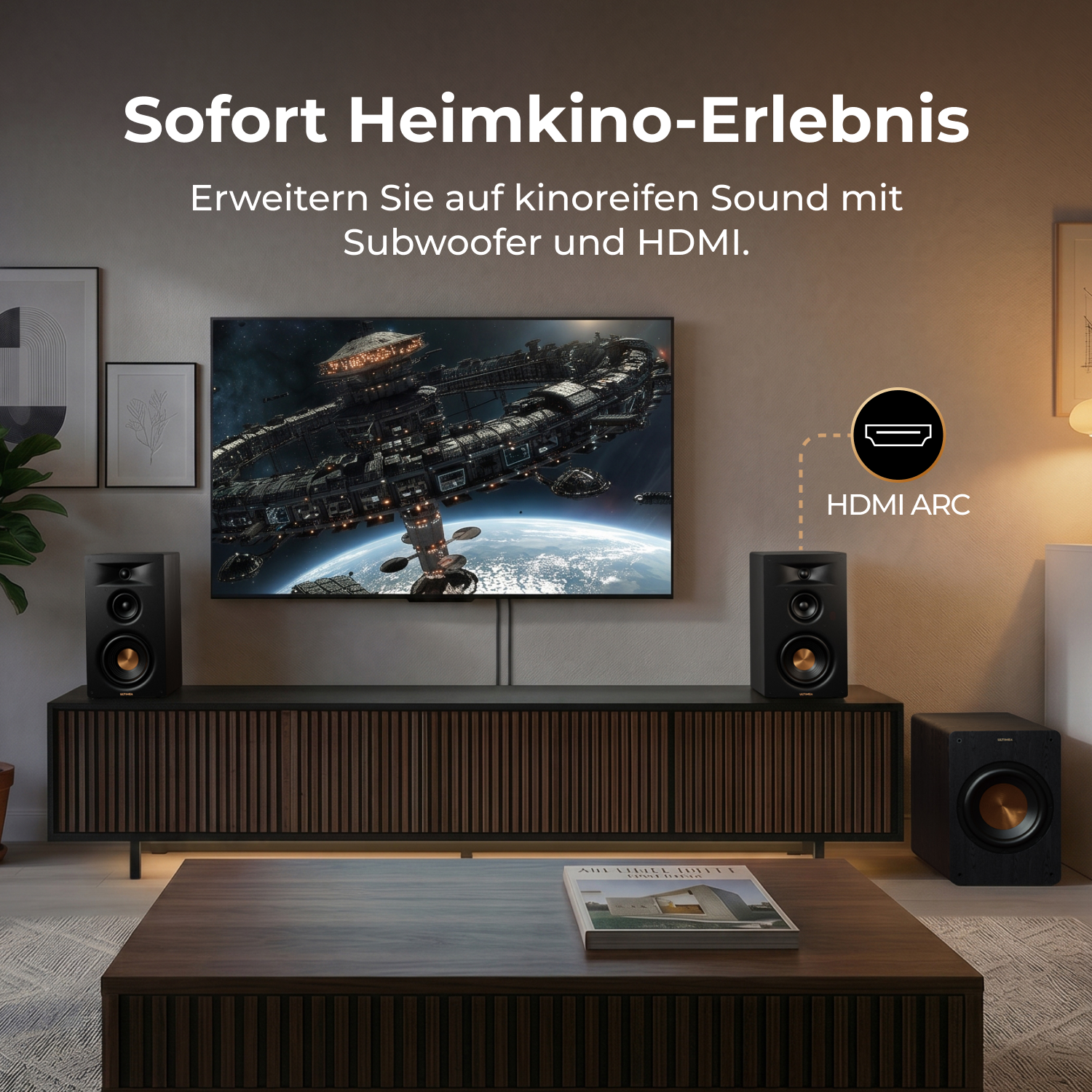 Heimkino-Setup mit Fernseher, zwei Lautsprechern und Subwoofer.
