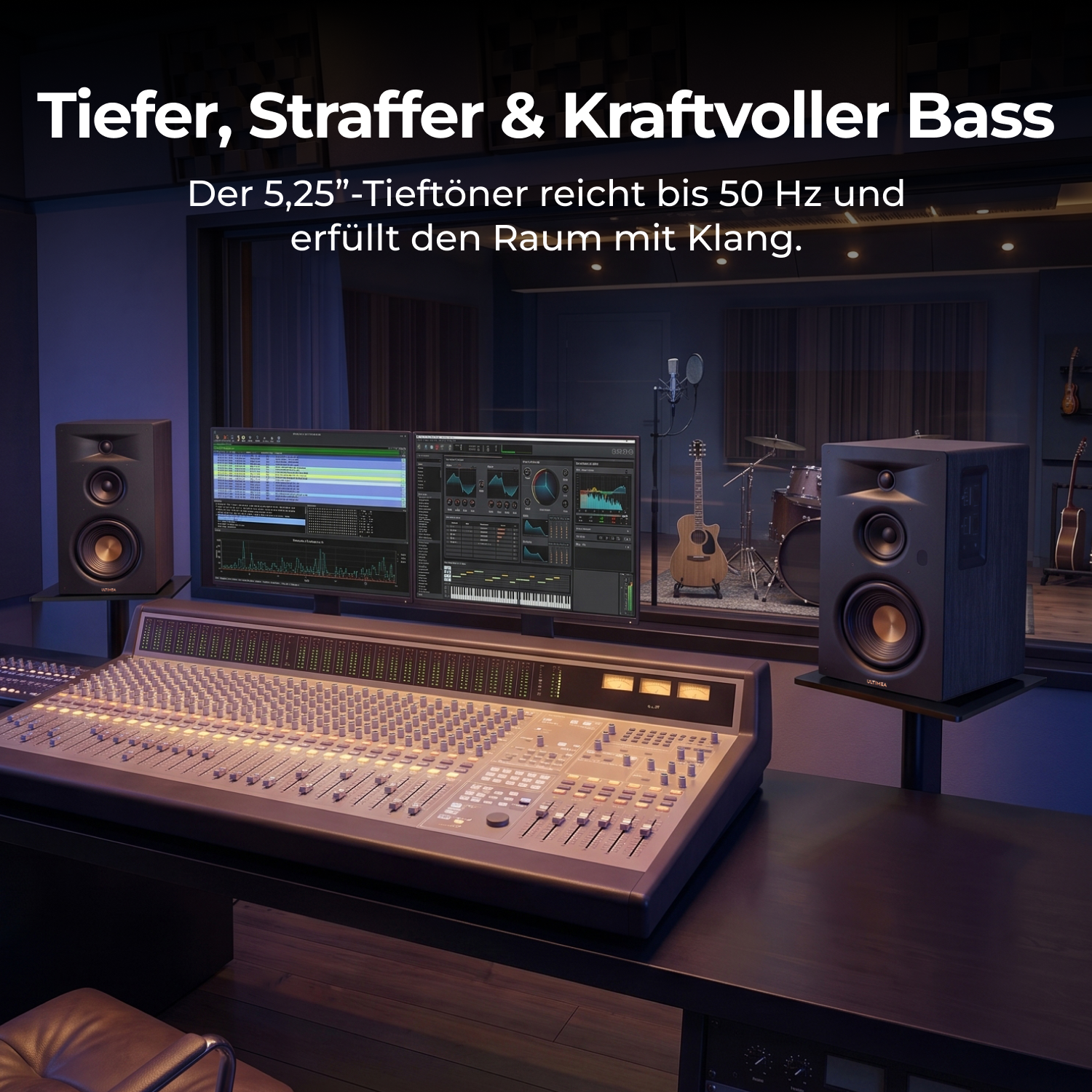 Studio-Setup mit Mischpult, Monitoren und Musikinstrumenten.