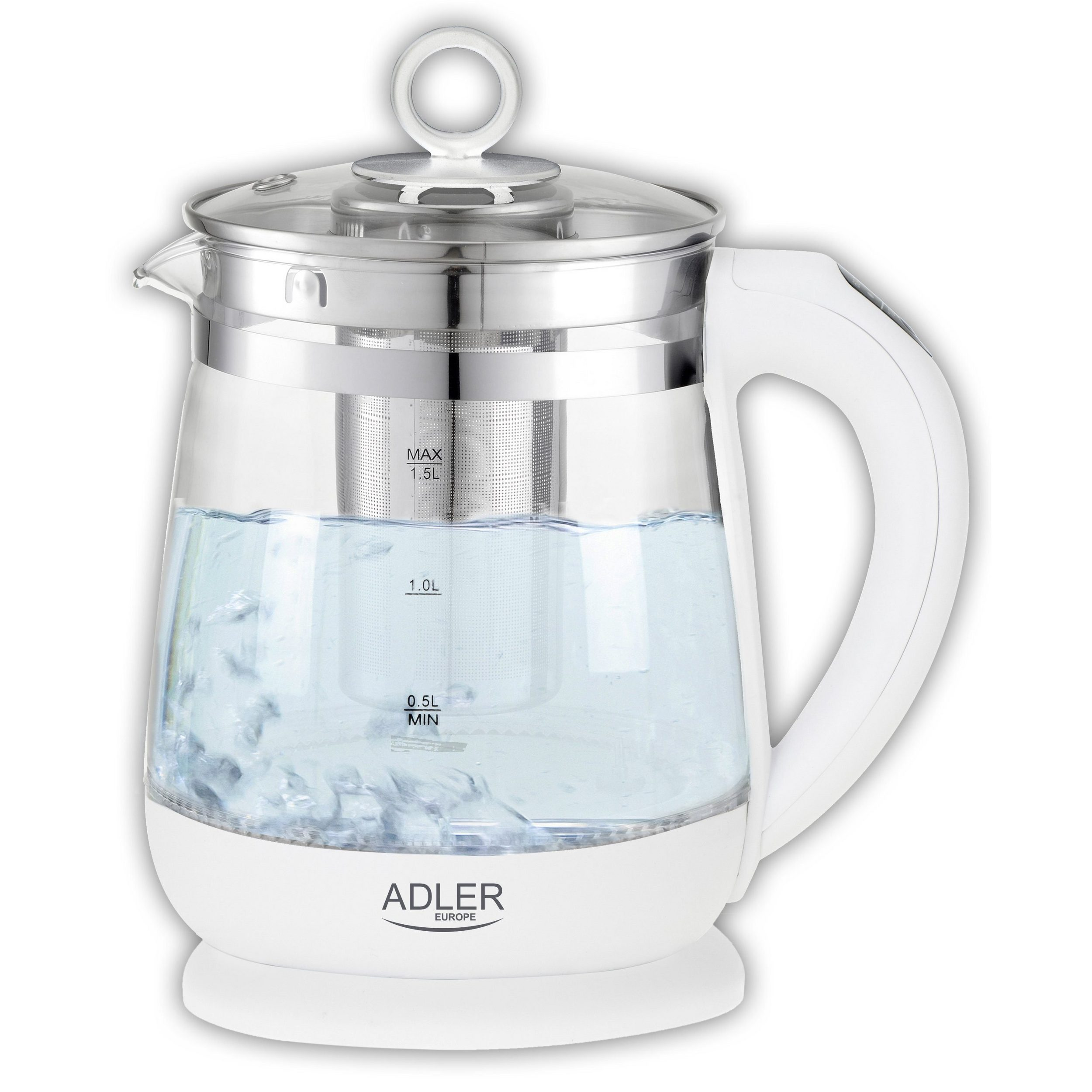 Ein weißer Wasserkocher mit Glasbehälter, gefüllt mit kochendem Wasser.