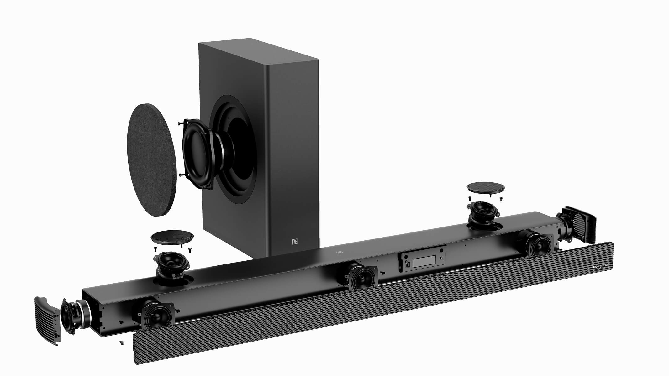 Vue éclatée d'un caisson de basses et d'une barre de son noirs avec pilotes exposés.