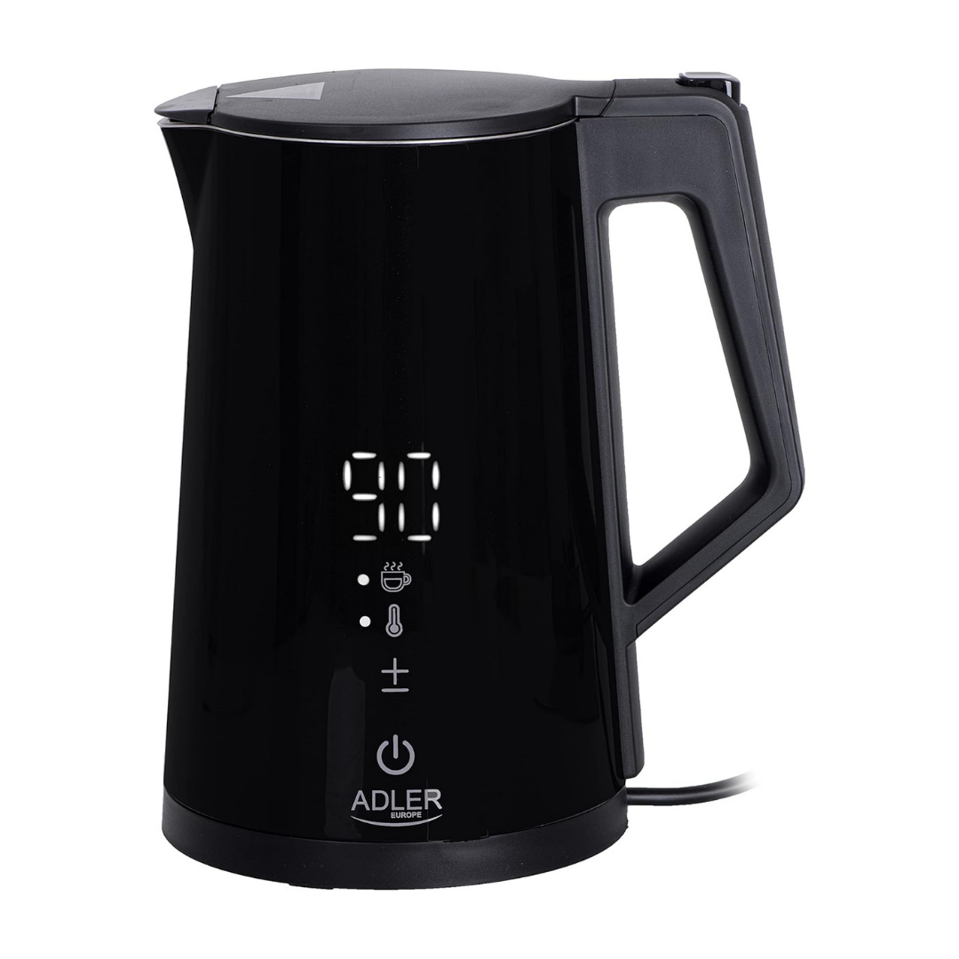 Schwarzer Wasserkocher mit digitaler Temperaturanzeige und Griff.