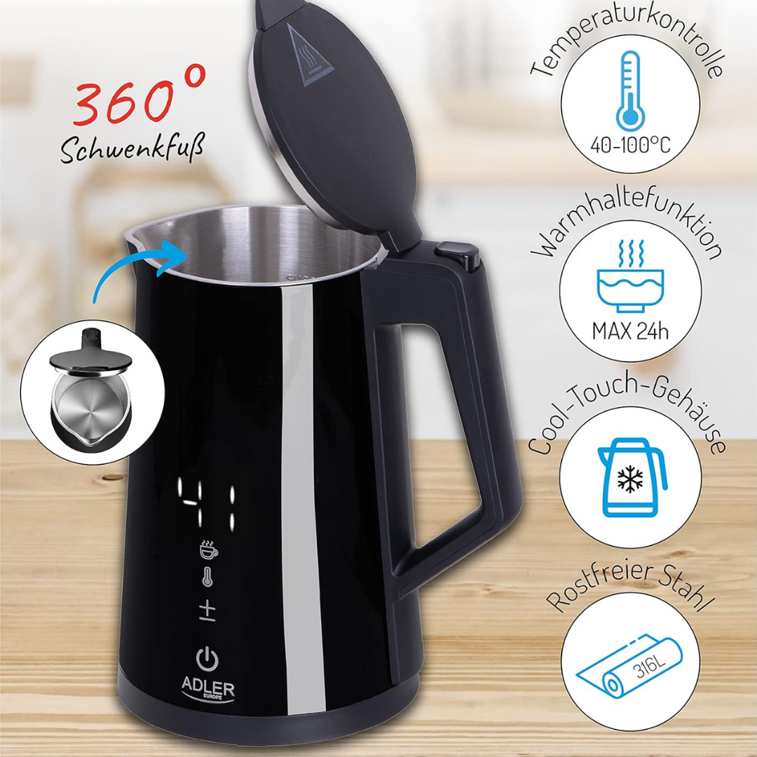 Schwarzer Wasserkocher mit Digitalanzeige, 360 Grad Fuß, Temperaturregelung, Warmhaltefunktion, Cool-Touch, Edelstahl.