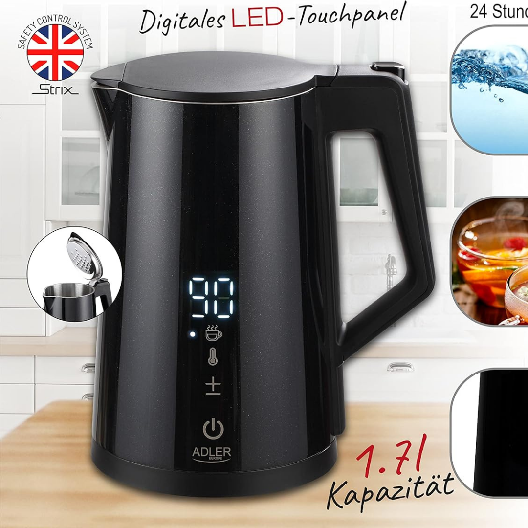 Schwarzer Wasserkocher mit digitalem LED-Touchpanel, 1,71 L Kapazität.