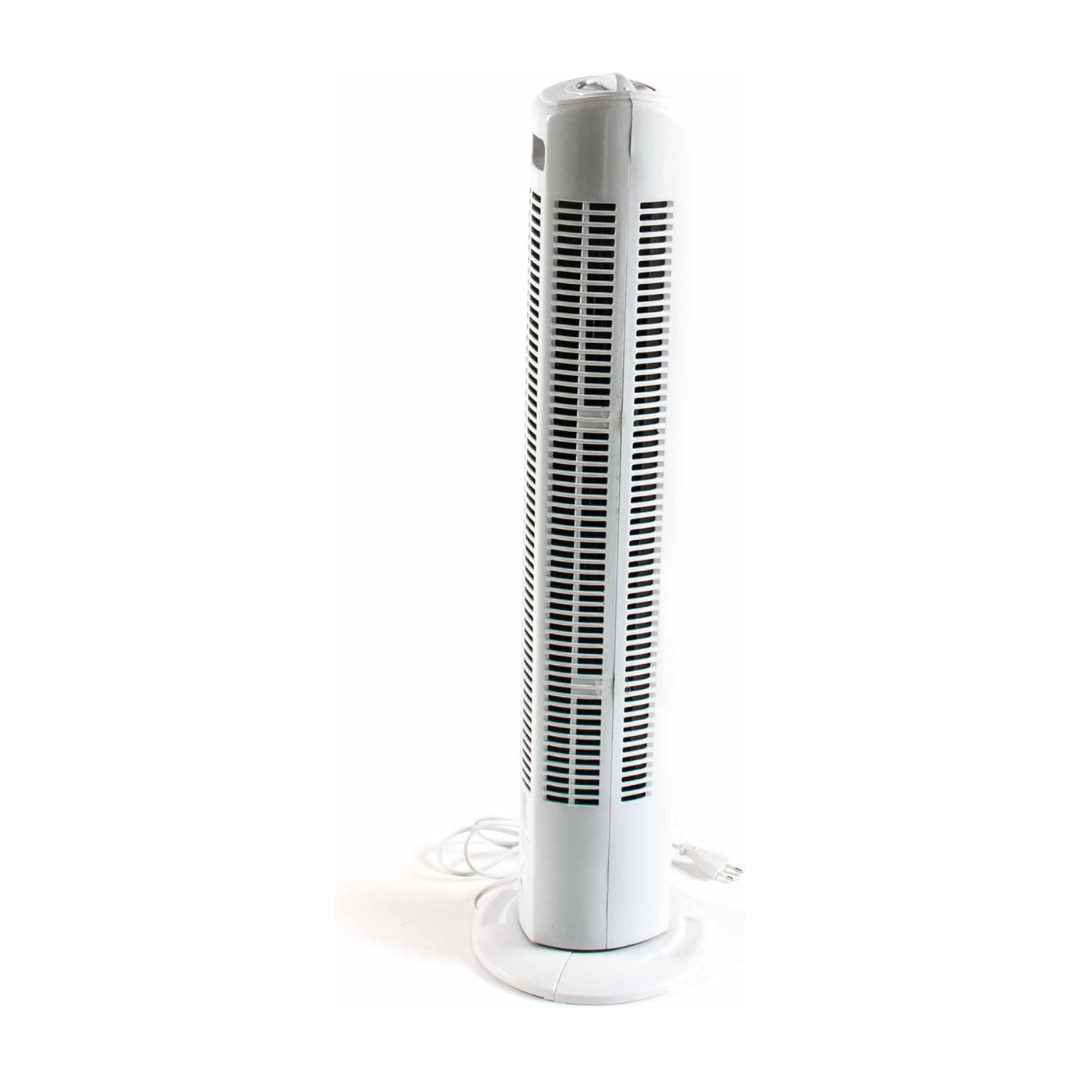 Ein weißer Turmventilator steht auf einem runden Sockel.