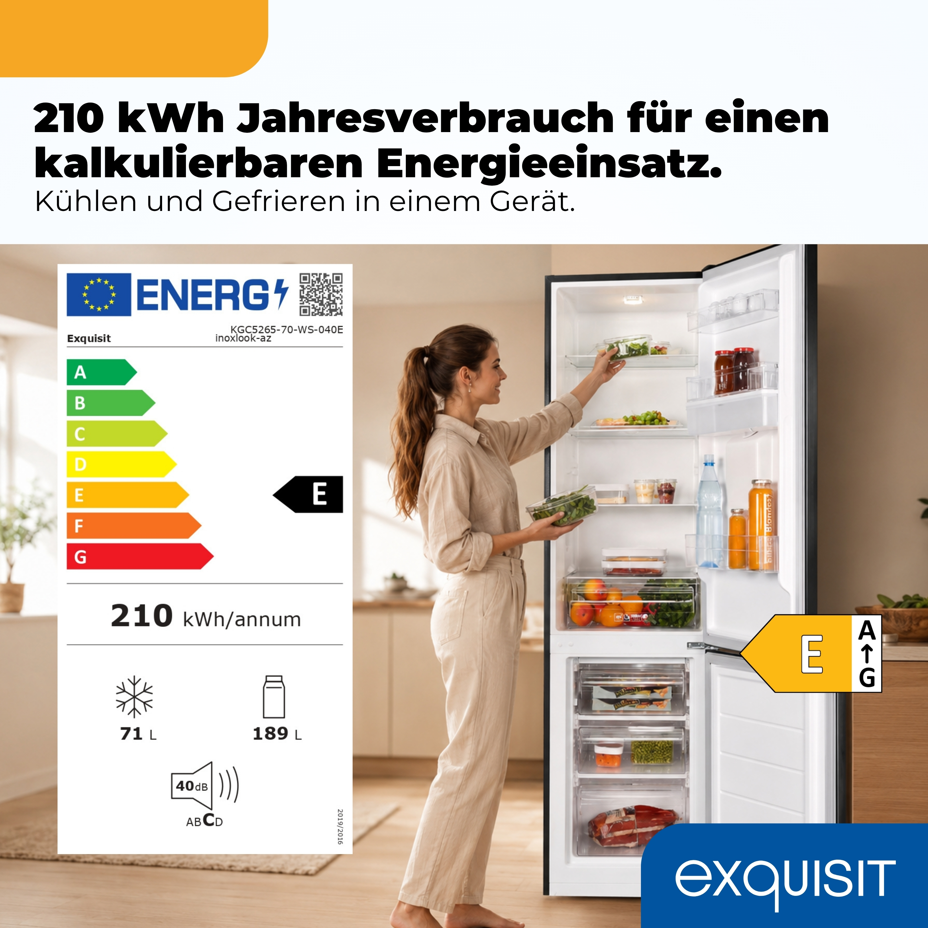 Eine Frau stellt Lebensmittel in einen Kühlschrank. Energieeffizienzlabel E.