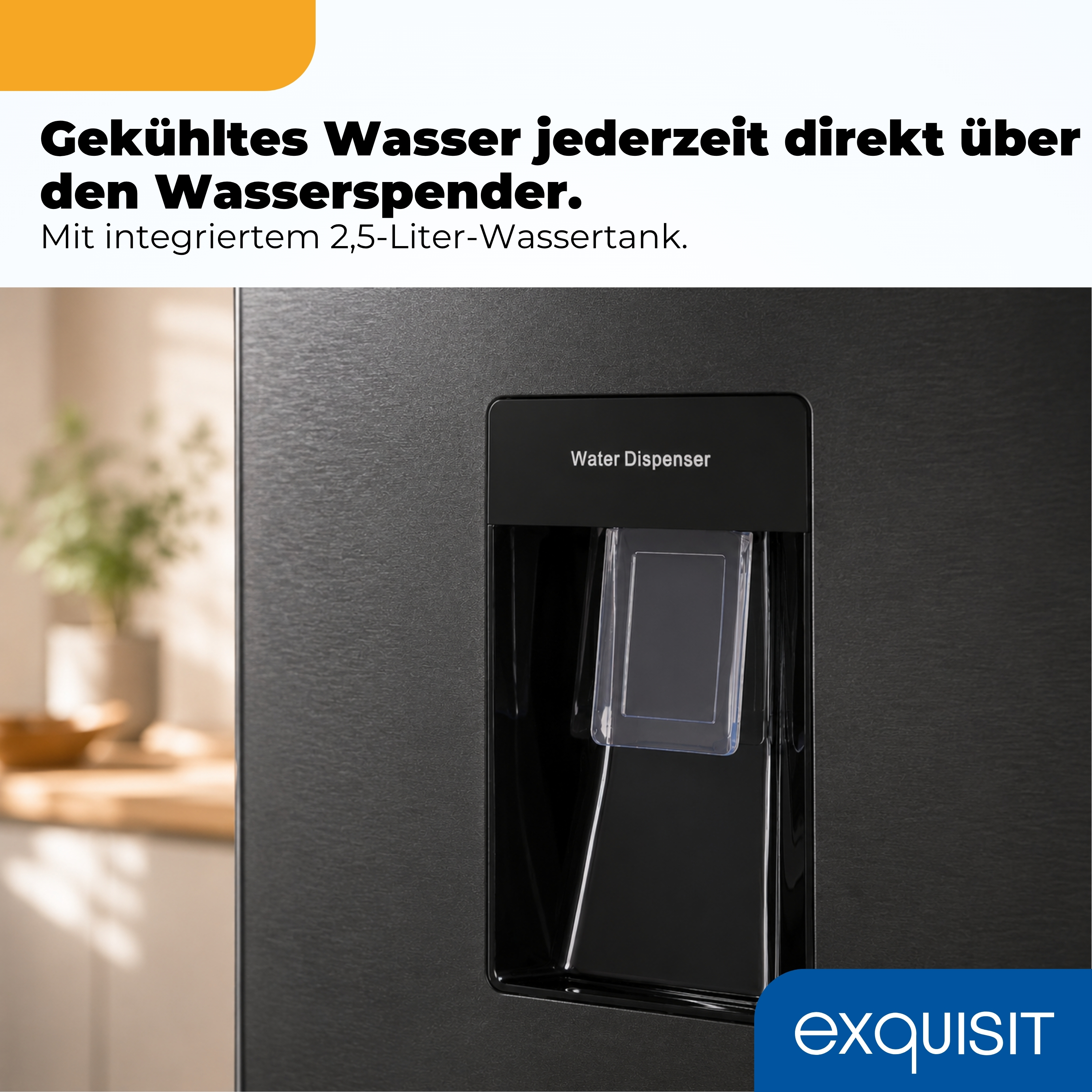 Ein schwarzer Kühlschrank mit Wasserspender und dem Schriftzug 'Water Dispenser'.